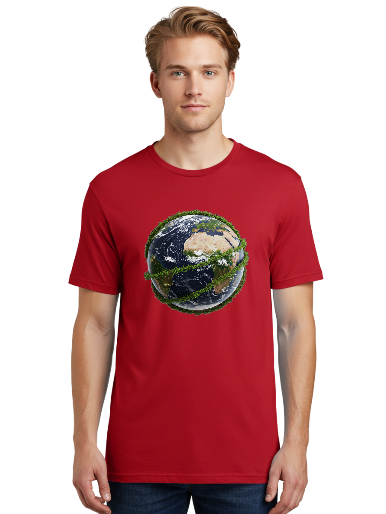 Earth-With-Foliage Men'S Graphic Tee, 100% Cotton, Comfortable Casual Summer Wear, Machine Washable, Globe Surrounded By Greenery, Earth From Space, Environmental Conservation, Global Unity, Sustainable Living, Eco-Friendly, Planet Earth, Baa587