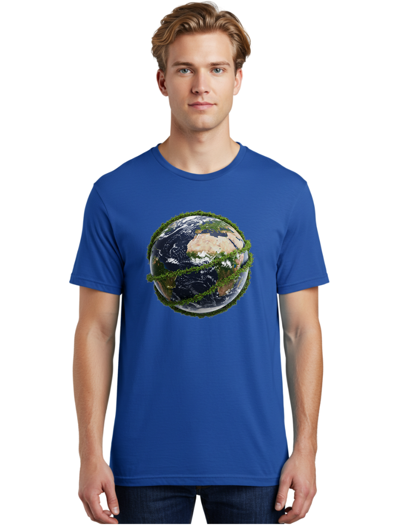 Earth-With-Foliage Men'S Graphic Tee, 100% Cotton, Comfortable Casual Summer Wear, Machine Washable, Globe Surrounded By Greenery, Earth From Space, Environmental Conservation, Global Unity, Sustainable Living, Eco-Friendly, Planet Earth, Baa587