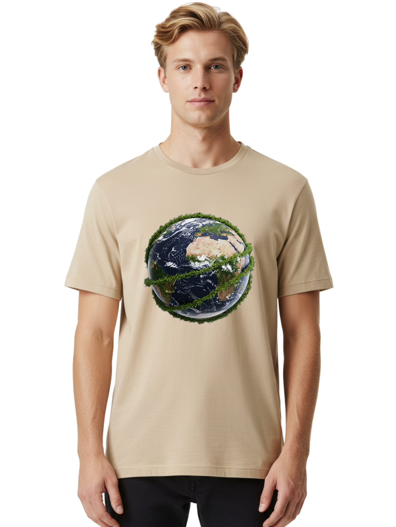 Earth-With-Foliage Men'S Graphic Tee, 100% Cotton, Comfortable Casual Summer Wear, Machine Washable, Globe Surrounded By Greenery, Earth From Space, Environmental Conservation, Global Unity, Sustainable Living, Eco-Friendly, Planet Earth, Baa587