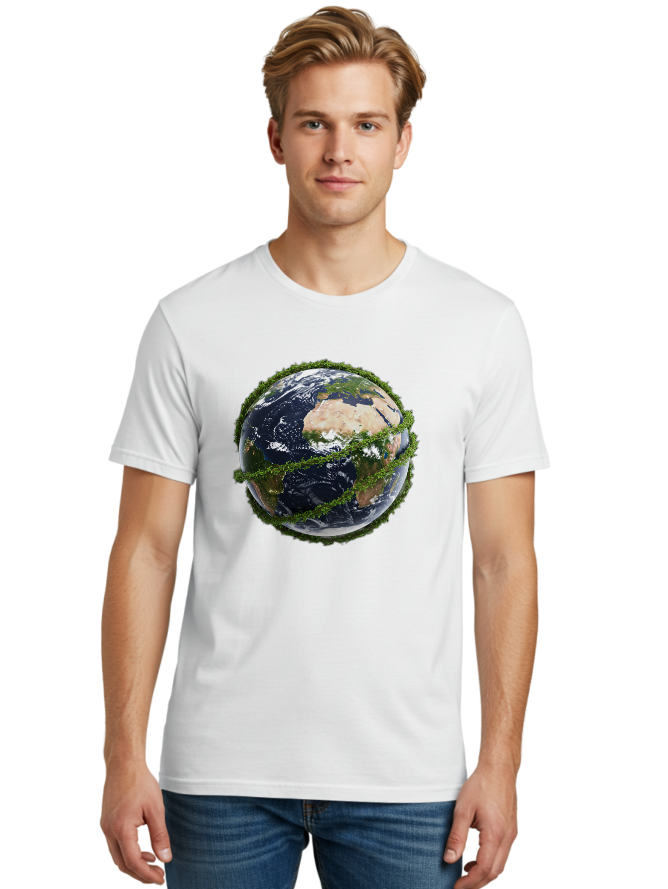 Earth-With-Foliage Men'S Graphic Tee, 100% Cotton, Comfortable Casual Summer Wear, Machine Washable, Globe Surrounded By Greenery, Earth From Space, Environmental Conservation, Global Unity, Sustainable Living, Eco-Friendly, Planet Earth, Baa587