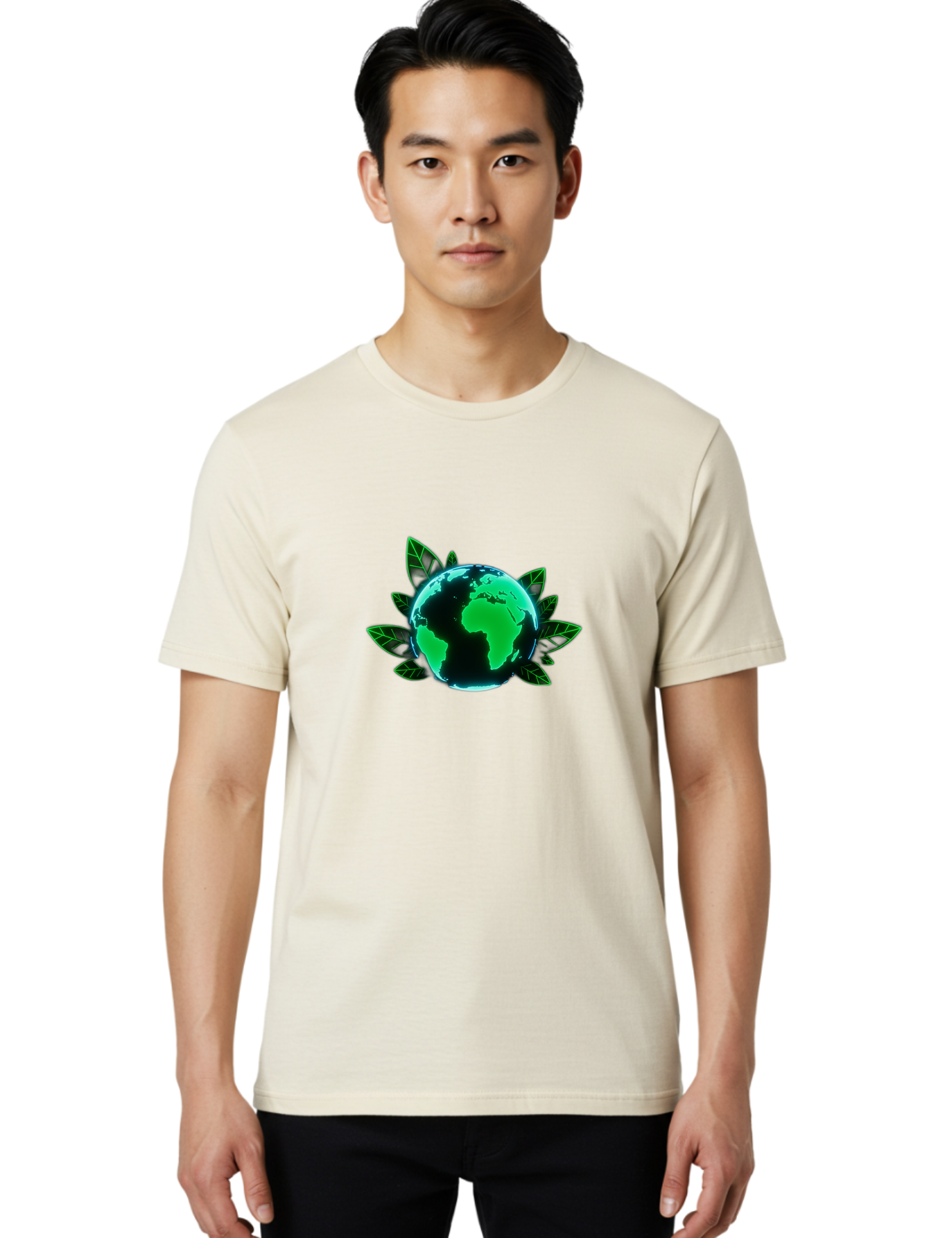 Earth-With-Leaves-1 Men'S Graphic Tee, 100% Cotton, Comfortable Casual Summer Wear, Machine Washable, Globe Surrounded By Leaves, Eco-Friendly, Environmental Awareness, Sustainable Living, Green Initiative, World Unity, Conservation Effort, Baa588