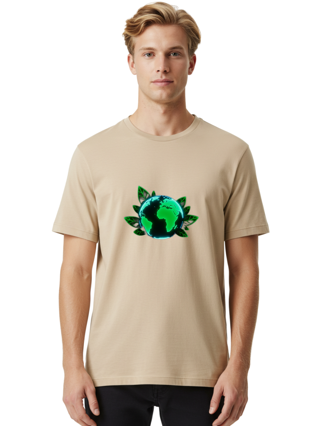 Earth-With-Leaves-1 Men'S Graphic Tee, 100% Cotton, Comfortable Casual Summer Wear, Machine Washable, Globe Surrounded By Leaves, Eco-Friendly, Environmental Awareness, Sustainable Living, Green Initiative, World Unity, Conservation Effort, Baa588