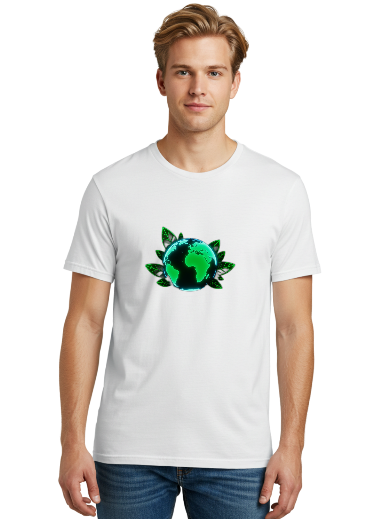 Earth-With-Leaves-1 Men'S Graphic Tee, 100% Cotton, Comfortable Casual Summer Wear, Machine Washable, Globe Surrounded By Leaves, Eco-Friendly, Environmental Awareness, Sustainable Living, Green Initiative, World Unity, Conservation Effort, Baa588