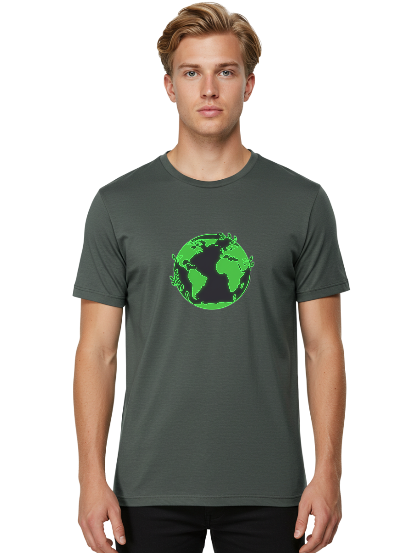 Earth-With-Leaves-2 Men'S Graphic Tee, 100% Cotton, Comfortable Casual Summer Wear, Machine Washable, Green Earth, Leaves Around The Globe, Eco-Friendly, Environmental Awareness, Global Unity, Nature Conservation, Sustainability, Earth Day Baa589