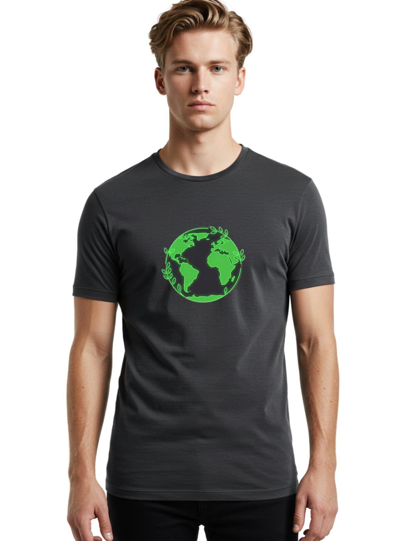 Earth-With-Leaves-2 Men'S Graphic Tee, 100% Cotton, Comfortable Casual Summer Wear, Machine Washable, Green Earth, Leaves Around The Globe, Eco-Friendly, Environmental Awareness, Global Unity, Nature Conservation, Sustainability, Earth Day Baa589
