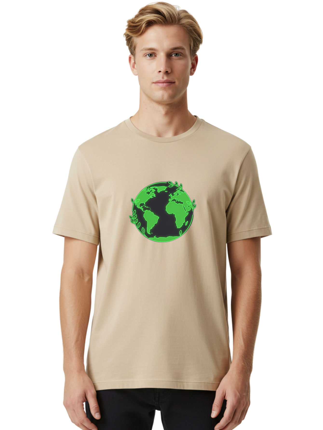 Earth-With-Leaves-2 Men'S Graphic Tee, 100% Cotton, Comfortable Casual Summer Wear, Machine Washable, Green Earth, Leaves Around The Globe, Eco-Friendly, Environmental Awareness, Global Unity, Nature Conservation, Sustainability, Earth Day Baa589
