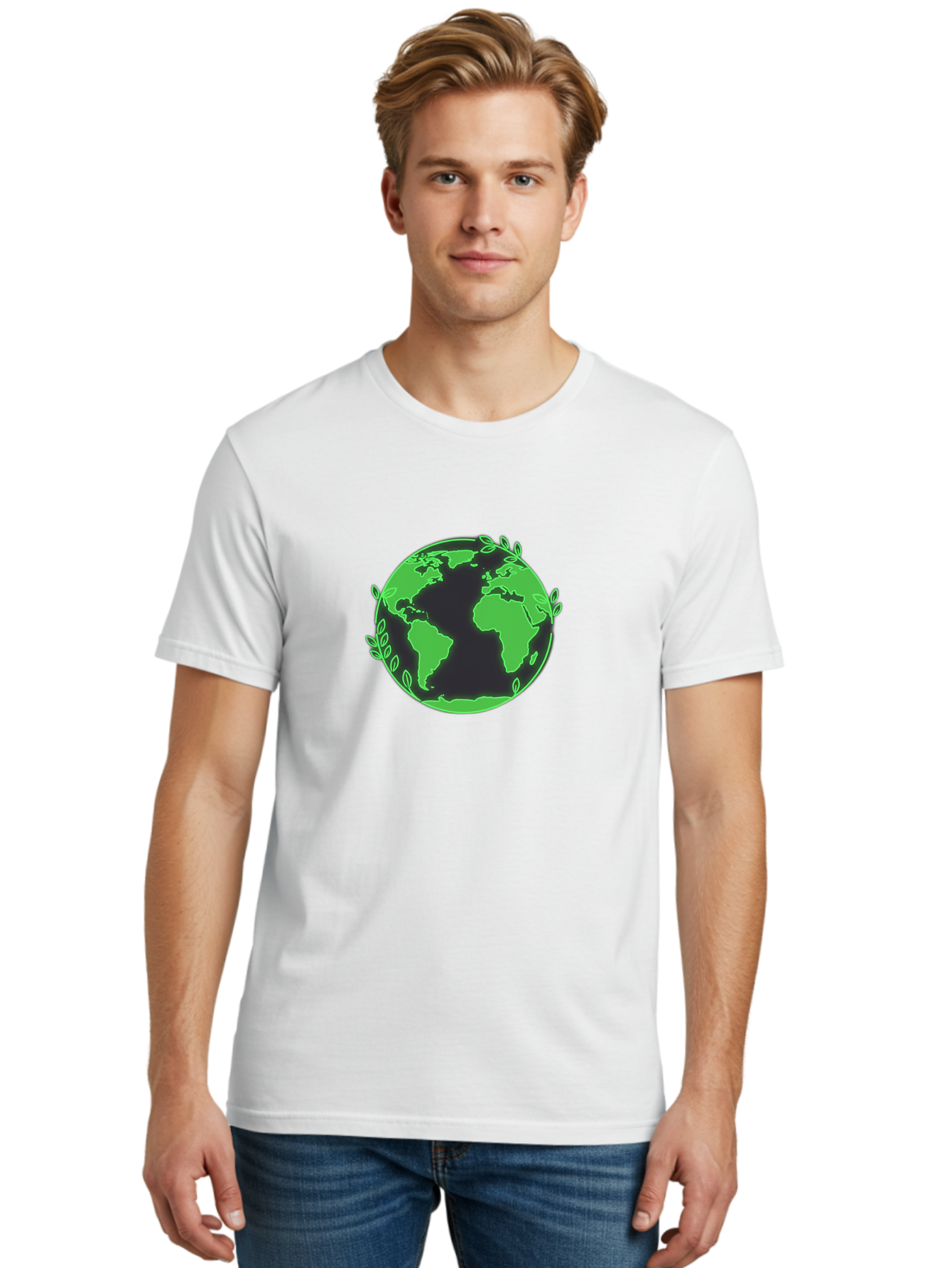 Earth-With-Leaves-2 Men'S Graphic Tee, 100% Cotton, Comfortable Casual Summer Wear, Machine Washable, Green Earth, Leaves Around The Globe, Eco-Friendly, Environmental Awareness, Global Unity, Nature Conservation, Sustainability, Earth Day Baa589