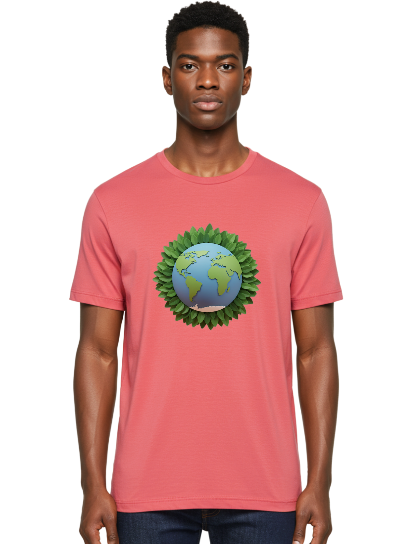 Earth-With-Leaves Men'S Graphic Tee, 100% Cotton, Comfortable Casual Summer Wear, Machine Washable, Globe Surrounded By Leaves, Eco-Friendly, Environmental Conservation, Green Energy, World Map, Eco-Conscious, Sustainability, Planet Earth Baa590