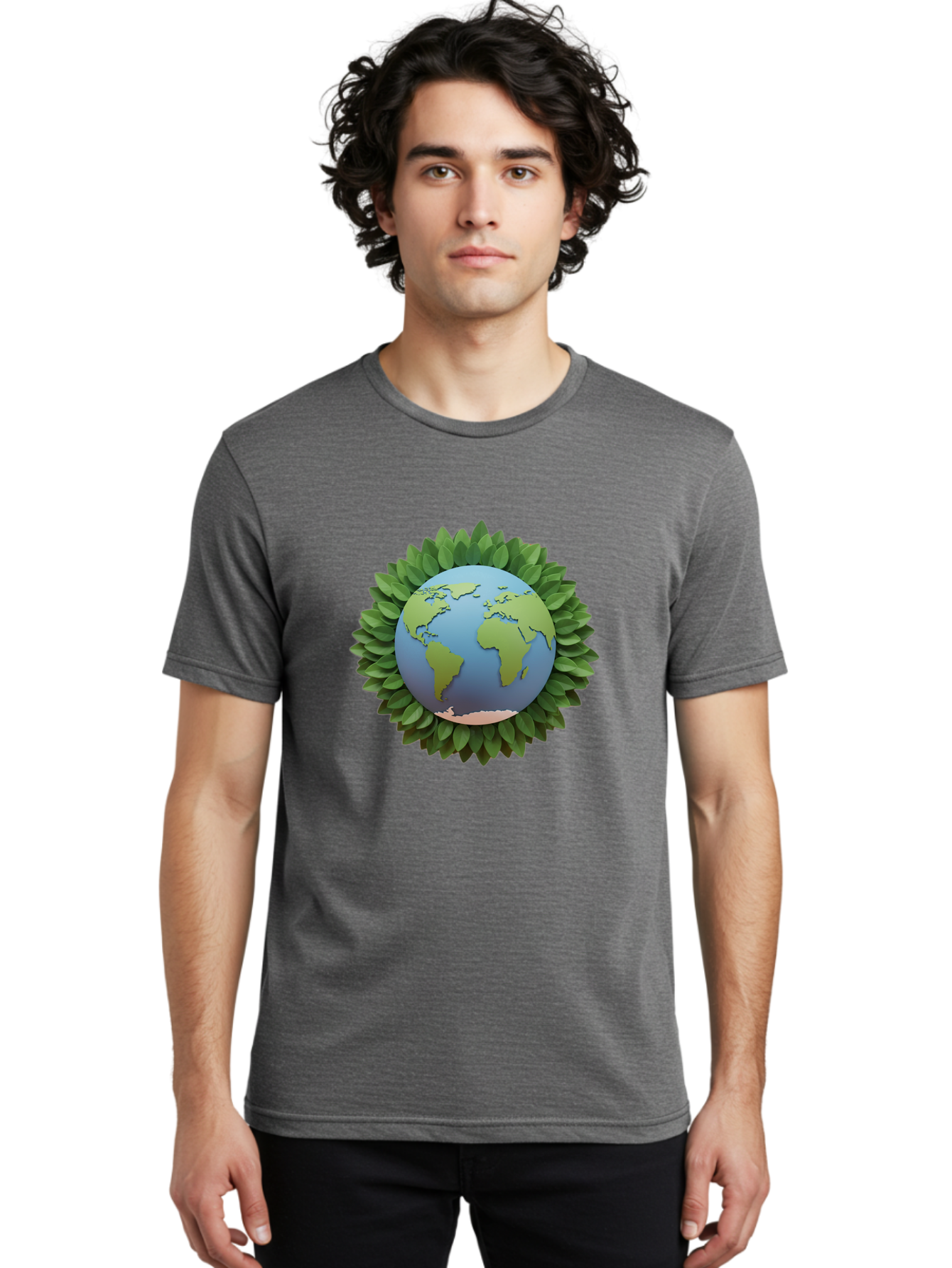 Earth-With-Leaves Men'S Graphic Tee, 100% Cotton, Comfortable Casual Summer Wear, Machine Washable, Globe Surrounded By Leaves, Eco-Friendly, Environmental Conservation, Green Energy, World Map, Eco-Conscious, Sustainability, Planet Earth Baa590