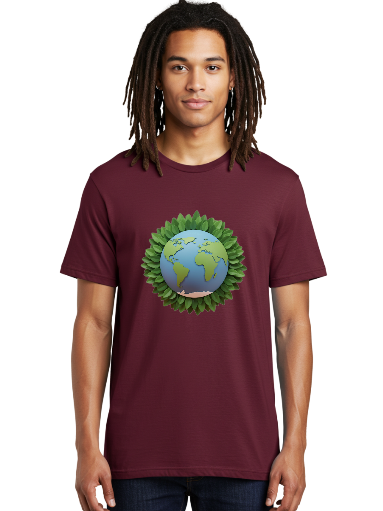 Earth-With-Leaves Men'S Graphic Tee, 100% Cotton, Comfortable Casual Summer Wear, Machine Washable, Globe Surrounded By Leaves, Eco-Friendly, Environmental Conservation, Green Energy, World Map, Eco-Conscious, Sustainability, Planet Earth Baa590