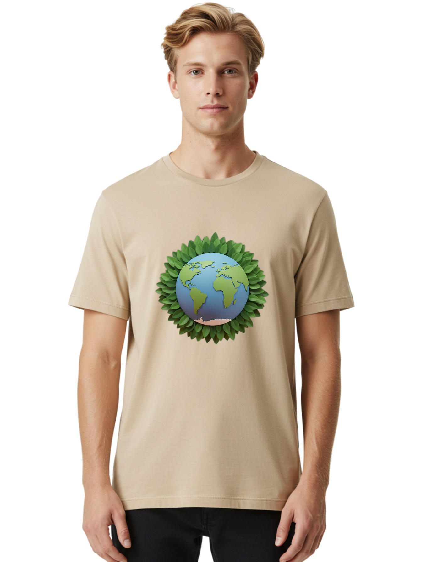 Earth-With-Leaves Men'S Graphic Tee, 100% Cotton, Comfortable Casual Summer Wear, Machine Washable, Globe Surrounded By Leaves, Eco-Friendly, Environmental Conservation, Green Energy, World Map, Eco-Conscious, Sustainability, Planet Earth Baa590