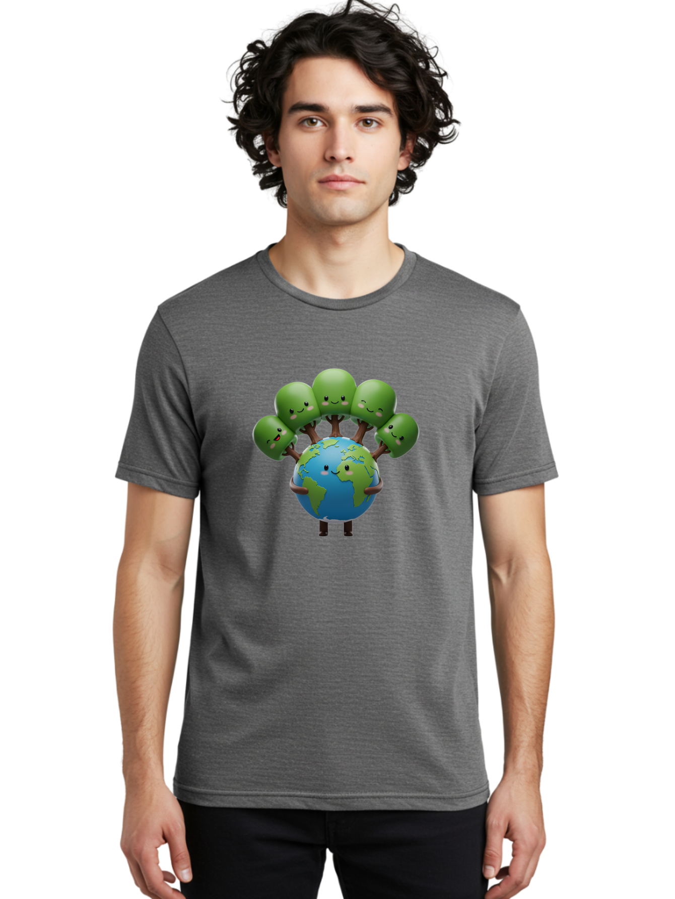 Earth-With-Smiling-Faces Men'S Graphic Tee, 100% Cotton, Comfortable Casual Summer Wear, Machine Washable, Cartoon Earth, Smiling Globe, Green Tentacles, Friendly World, Environmental Awareness, Cute Illustration, Eco-Friendly, Happy Planet, Baa591
