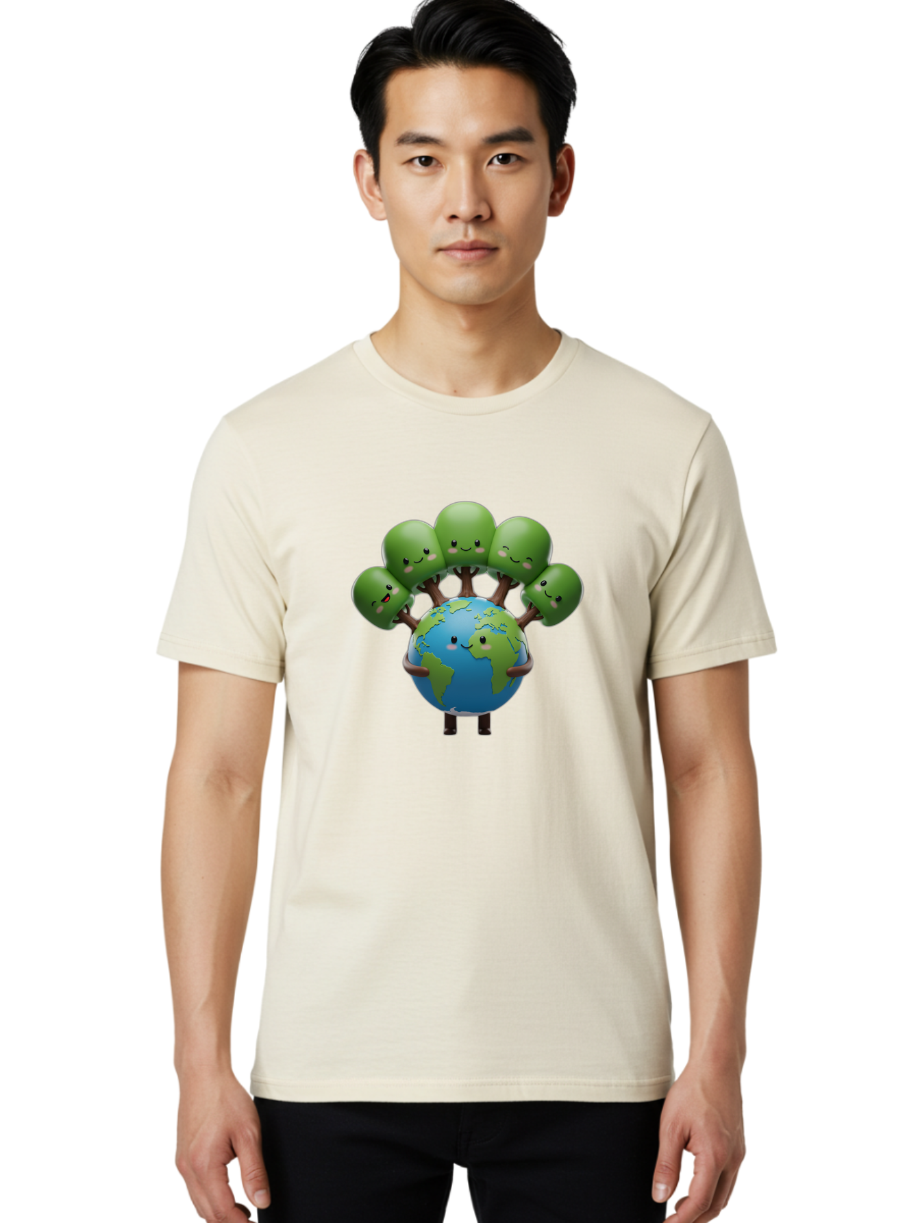 Earth-With-Smiling-Faces Men'S Graphic Tee, 100% Cotton, Comfortable Casual Summer Wear, Machine Washable, Cartoon Earth, Smiling Globe, Green Tentacles, Friendly World, Environmental Awareness, Cute Illustration, Eco-Friendly, Happy Planet, Baa591