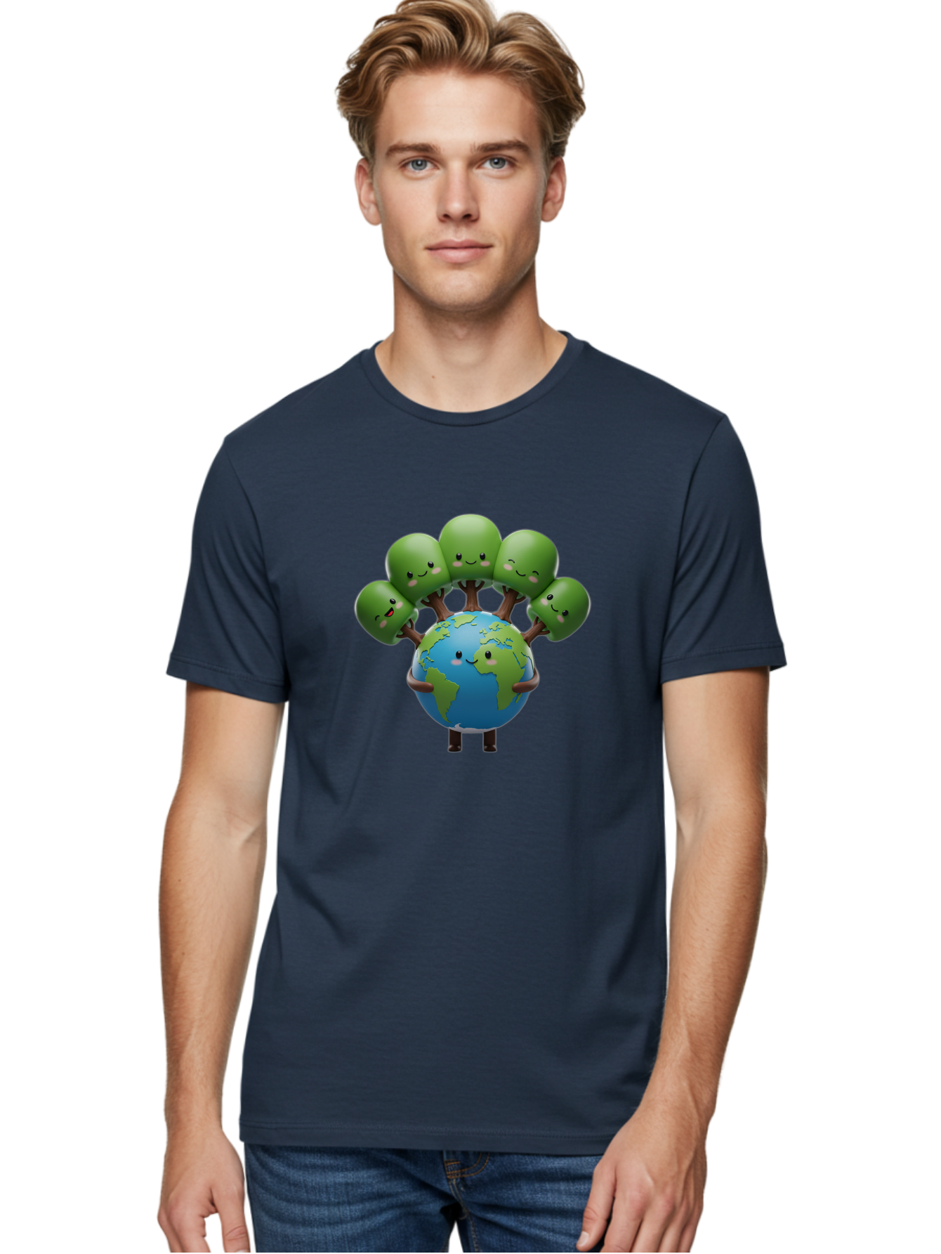 Earth-With-Smiling-Faces Men'S Graphic Tee, 100% Cotton, Comfortable Casual Summer Wear, Machine Washable, Cartoon Earth, Smiling Globe, Green Tentacles, Friendly World, Environmental Awareness, Cute Illustration, Eco-Friendly, Happy Planet, Baa591