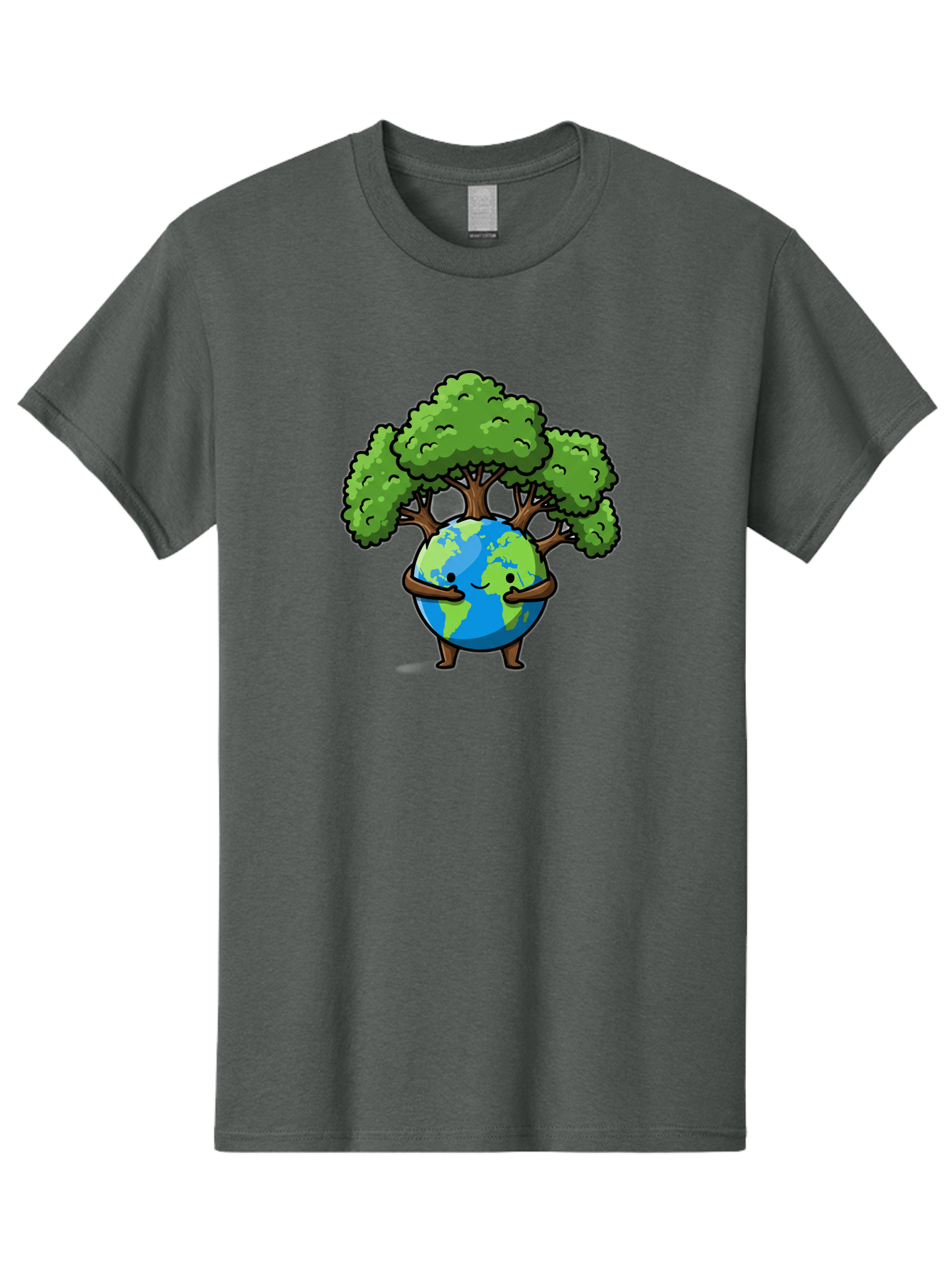 Earth-With-Tree Men'S Graphic Tee, 100% Cotton, Comfortable Casual Summer Wear, Machine Washable, Cartoon Globe, Smiling Earth, Tree On Earth, Environmental Protection, Eco Friendly, Conservation, Sustainability, Green Earth, Eco Awareness Baa592