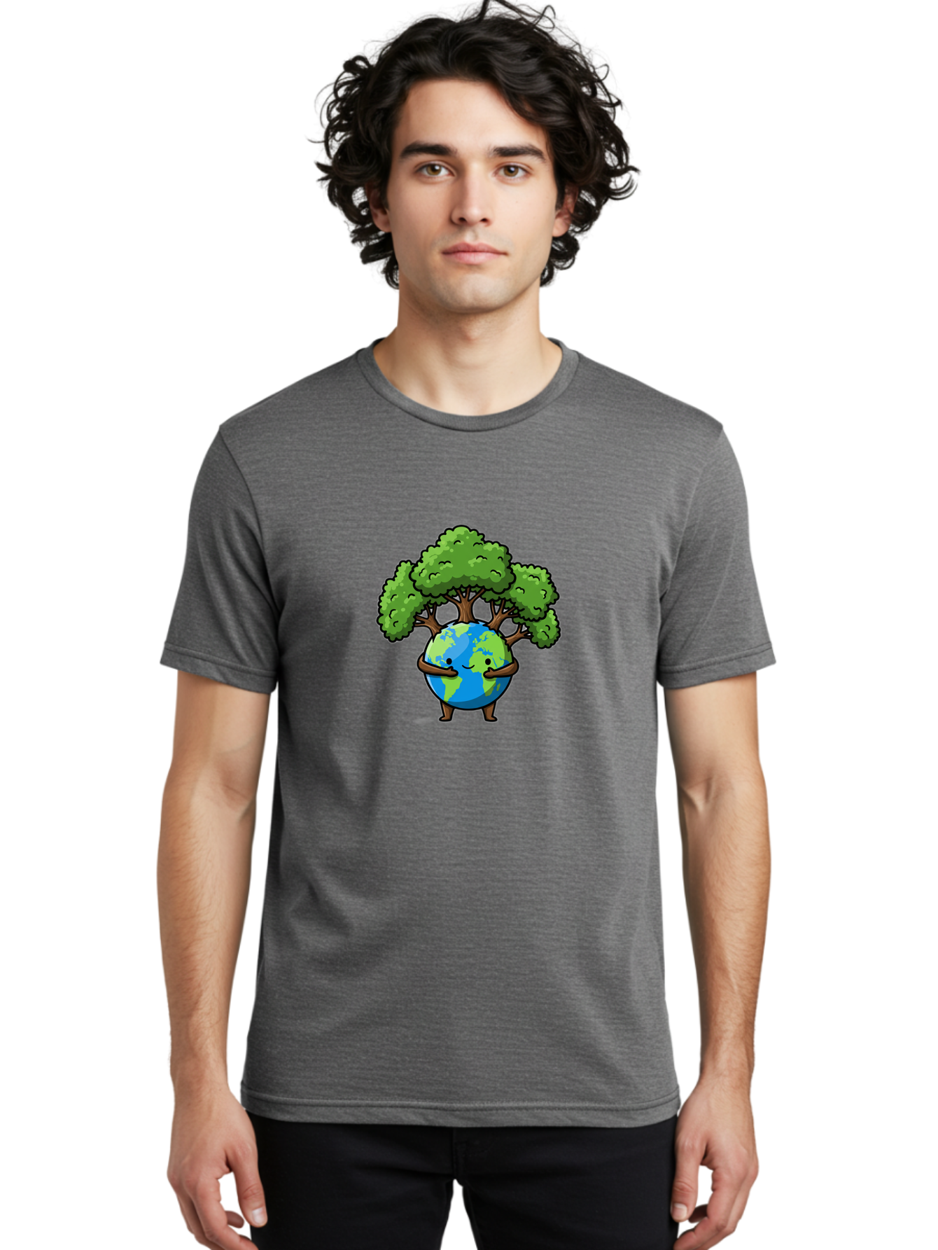Earth-With-Tree Men'S Graphic Tee, 100% Cotton, Comfortable Casual Summer Wear, Machine Washable, Cartoon Globe, Smiling Earth, Tree On Earth, Environmental Protection, Eco Friendly, Conservation, Sustainability, Green Earth, Eco Awareness Baa592