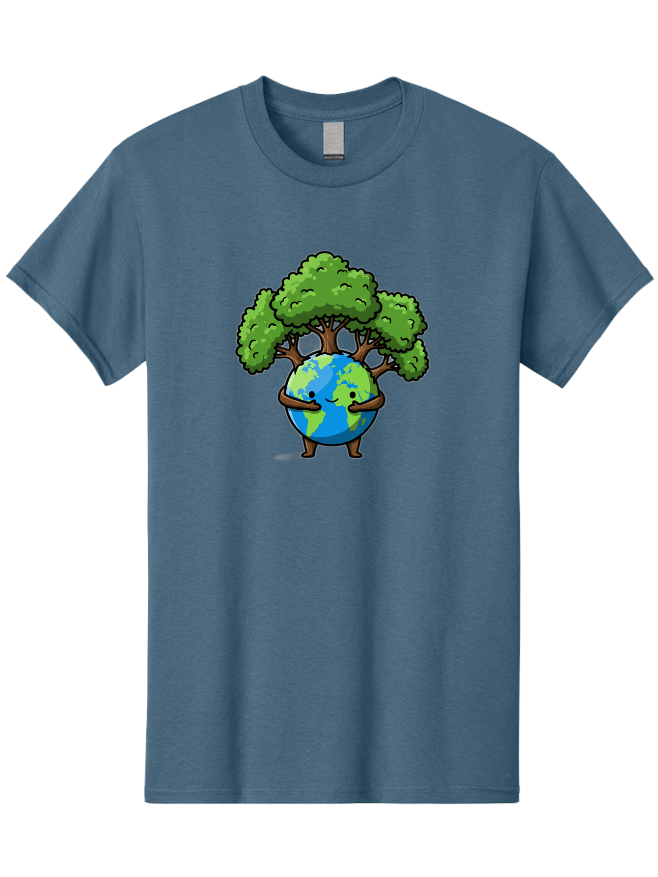 Earth-With-Tree Men'S Graphic Tee, 100% Cotton, Comfortable Casual Summer Wear, Machine Washable, Cartoon Globe, Smiling Earth, Tree On Earth, Environmental Protection, Eco Friendly, Conservation, Sustainability, Green Earth, Eco Awareness Baa592