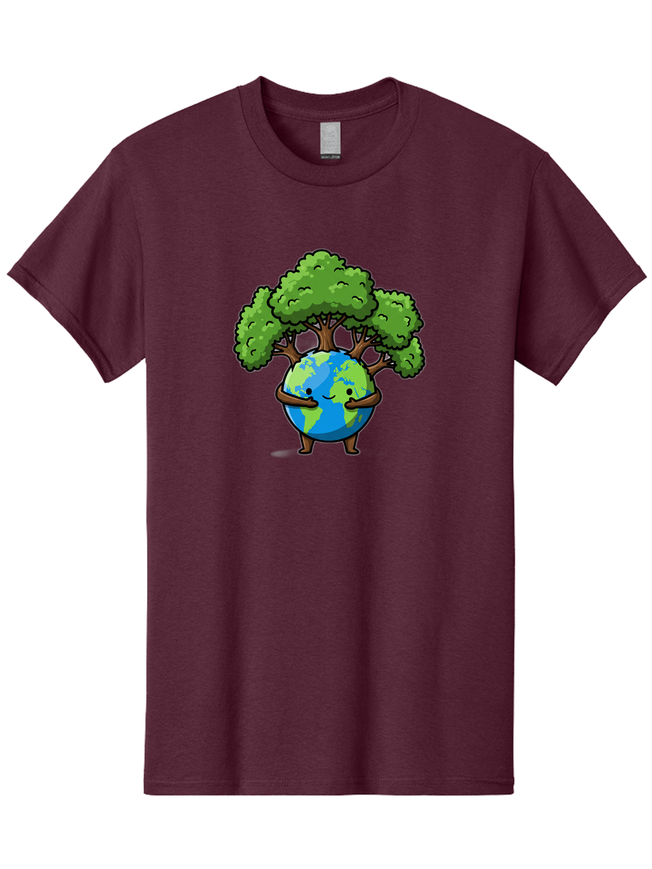 Earth-With-Tree Men'S Graphic Tee, 100% Cotton, Comfortable Casual Summer Wear, Machine Washable, Cartoon Globe, Smiling Earth, Tree On Earth, Environmental Protection, Eco Friendly, Conservation, Sustainability, Green Earth, Eco Awareness Baa592