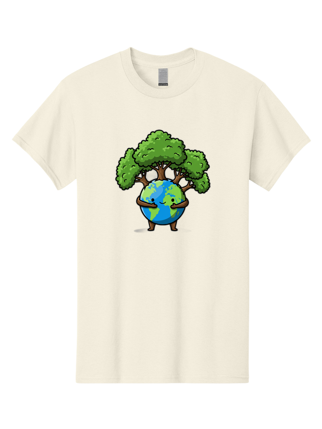 Earth-With-Tree Men'S Graphic Tee, 100% Cotton, Comfortable Casual Summer Wear, Machine Washable, Cartoon Globe, Smiling Earth, Tree On Earth, Environmental Protection, Eco Friendly, Conservation, Sustainability, Green Earth, Eco Awareness Baa592