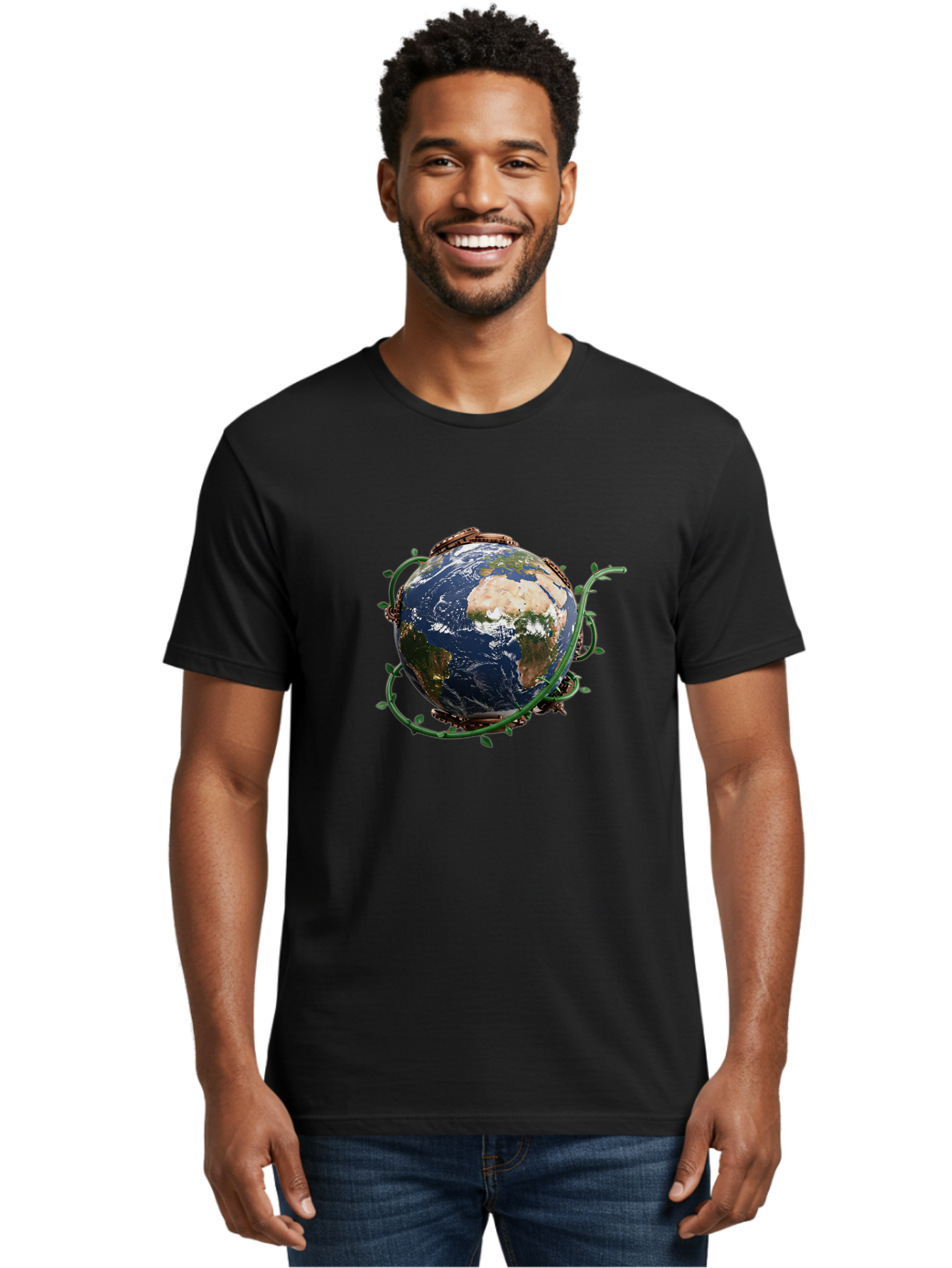 Earth-With-Vines Men'S Graphic Tee, 100% Cotton, Comfortable Casual Summer Wear, Machine Washable, Earth From Space, Global Unity, Environmental Protection, Eco Friendly, Vines, Leaves, Sustainable Living, Planet Earth Baa593