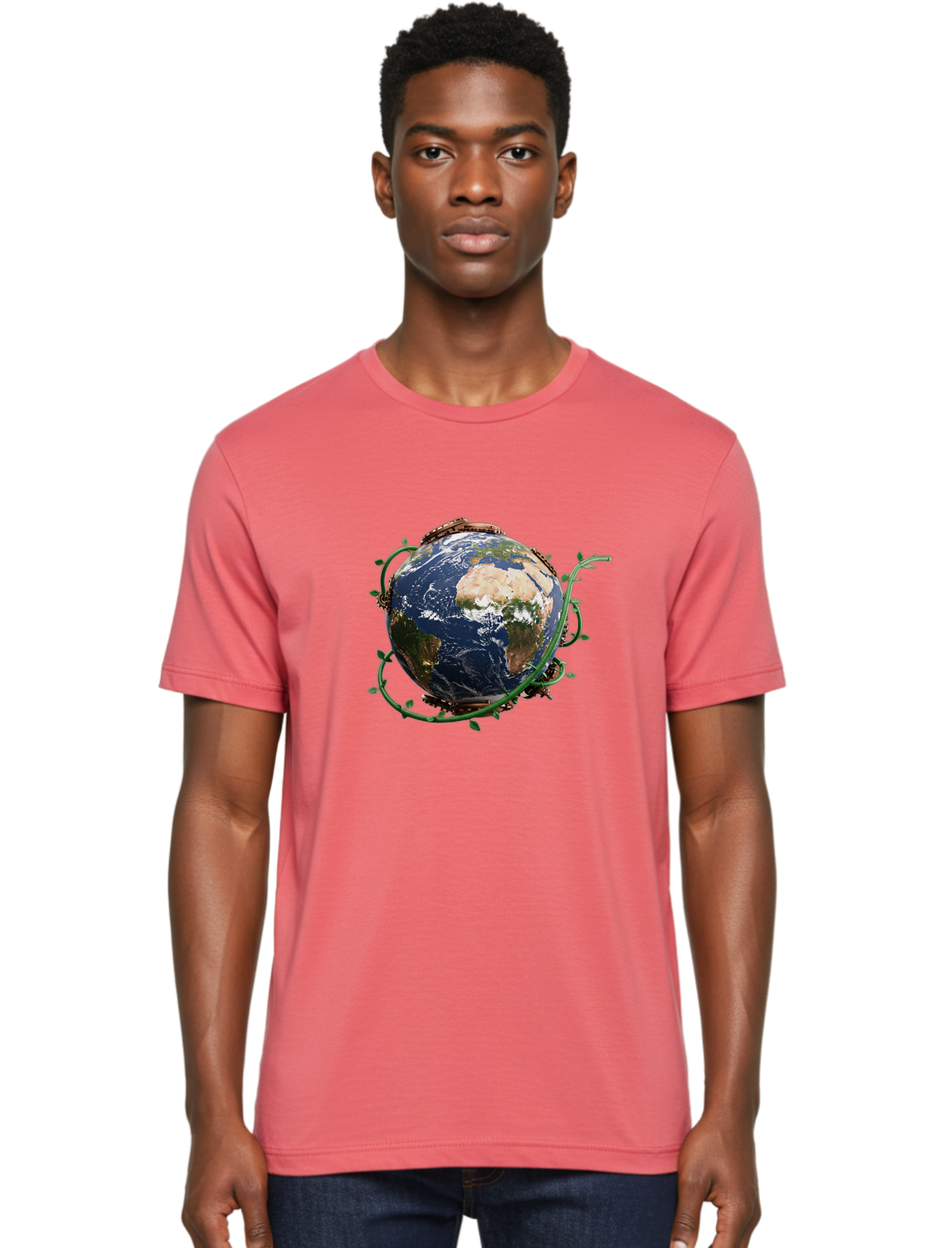 Earth-With-Vines Men'S Graphic Tee, 100% Cotton, Comfortable Casual Summer Wear, Machine Washable, Earth From Space, Global Unity, Environmental Protection, Eco Friendly, Vines, Leaves, Sustainable Living, Planet Earth Baa593