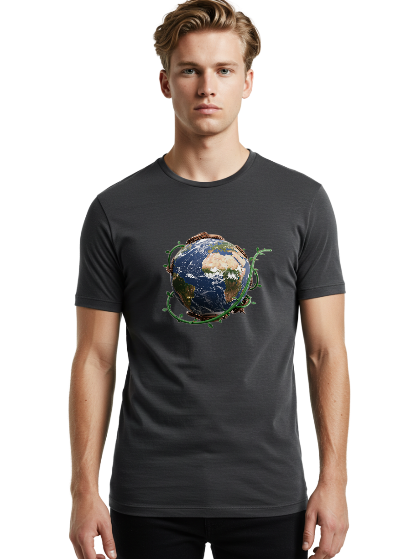 Earth-With-Vines Men'S Graphic Tee, 100% Cotton, Comfortable Casual Summer Wear, Machine Washable, Earth From Space, Global Unity, Environmental Protection, Eco Friendly, Vines, Leaves, Sustainable Living, Planet Earth Baa593