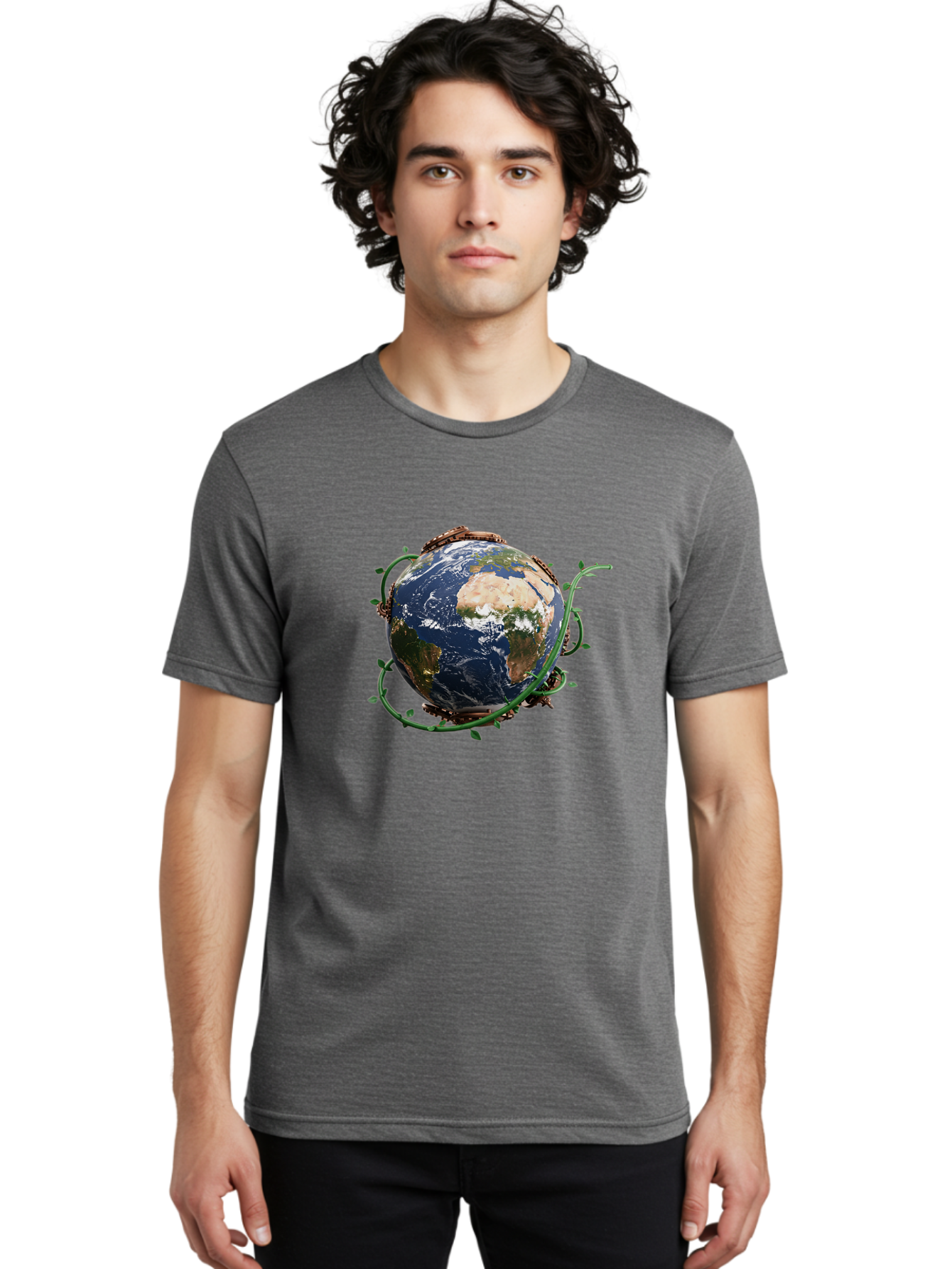 Earth-With-Vines Men'S Graphic Tee, 100% Cotton, Comfortable Casual Summer Wear, Machine Washable, Earth From Space, Global Unity, Environmental Protection, Eco Friendly, Vines, Leaves, Sustainable Living, Planet Earth Baa593