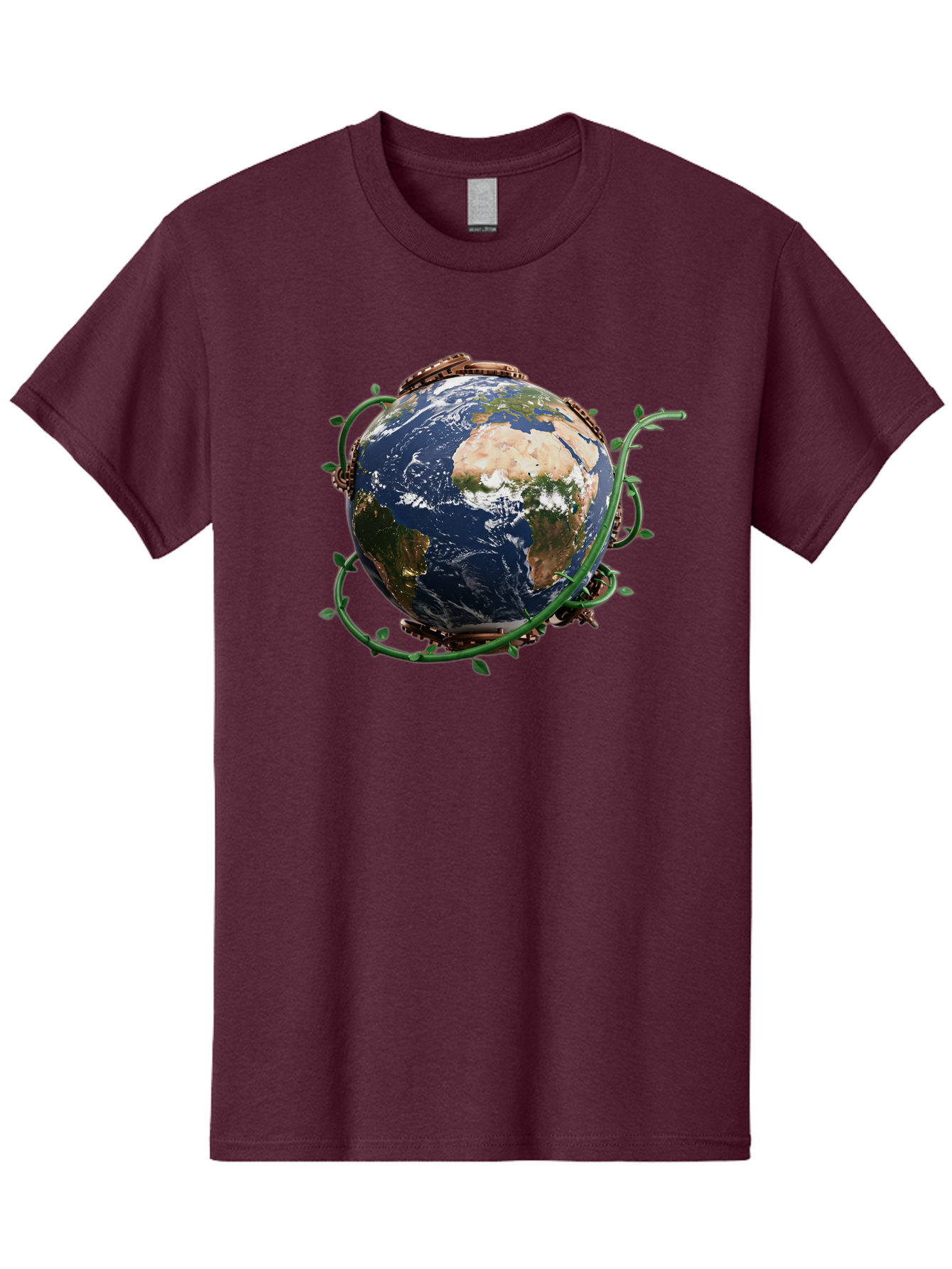 Earth-With-Vines Men'S Graphic Tee, 100% Cotton, Comfortable Casual Summer Wear, Machine Washable, Earth From Space, Global Unity, Environmental Protection, Eco Friendly, Vines, Leaves, Sustainable Living, Planet Earth Baa593