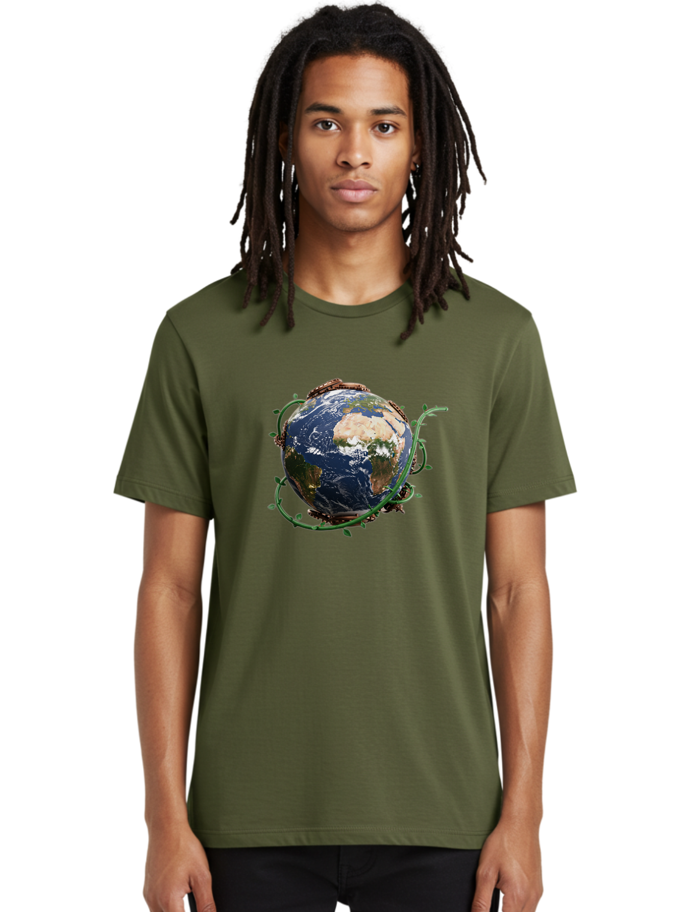 Earth-With-Vines Men'S Graphic Tee, 100% Cotton, Comfortable Casual Summer Wear, Machine Washable, Earth From Space, Global Unity, Environmental Protection, Eco Friendly, Vines, Leaves, Sustainable Living, Planet Earth Baa593