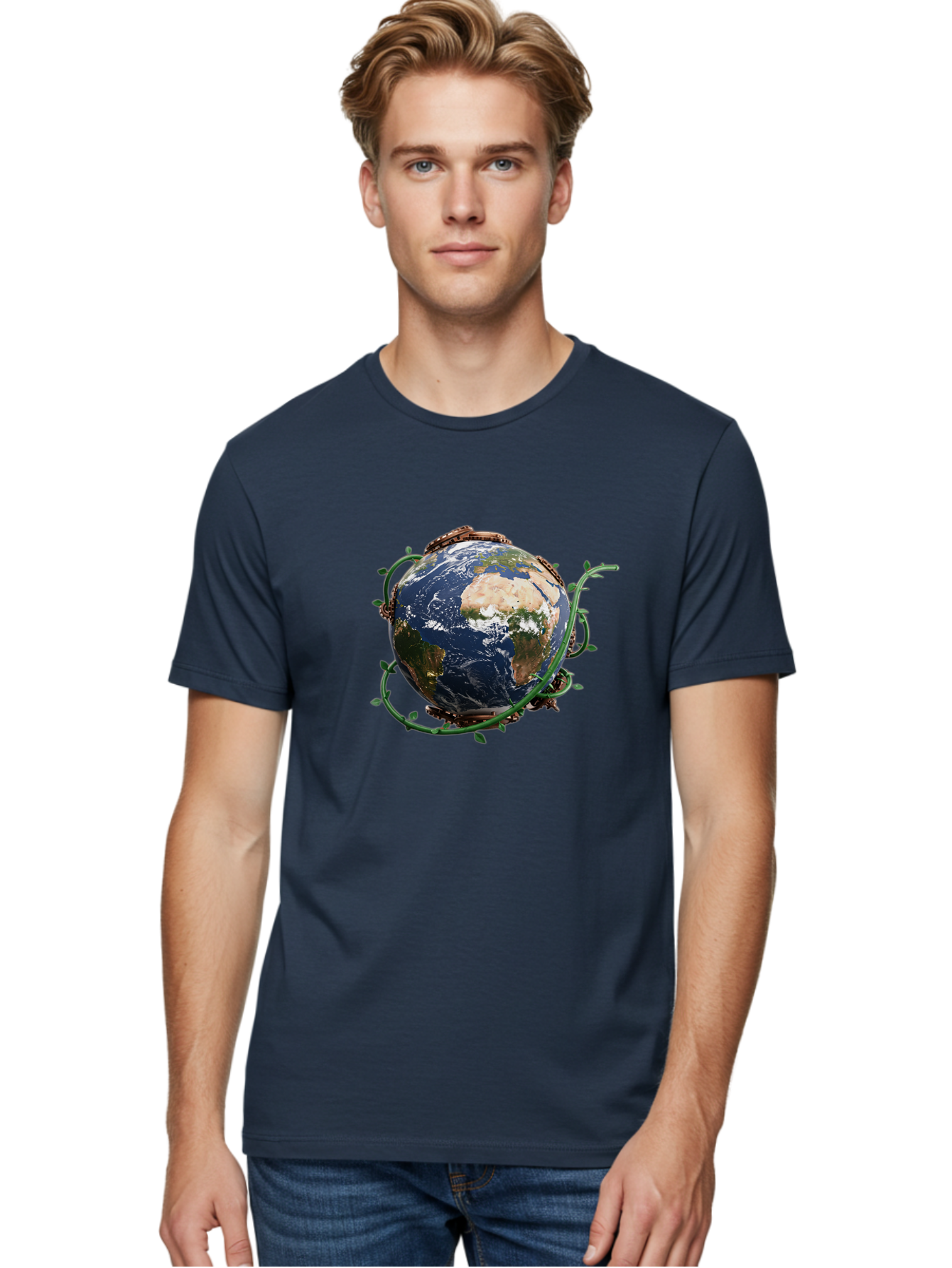 Earth-With-Vines Men'S Graphic Tee, 100% Cotton, Comfortable Casual Summer Wear, Machine Washable, Earth From Space, Global Unity, Environmental Protection, Eco Friendly, Vines, Leaves, Sustainable Living, Planet Earth Baa593