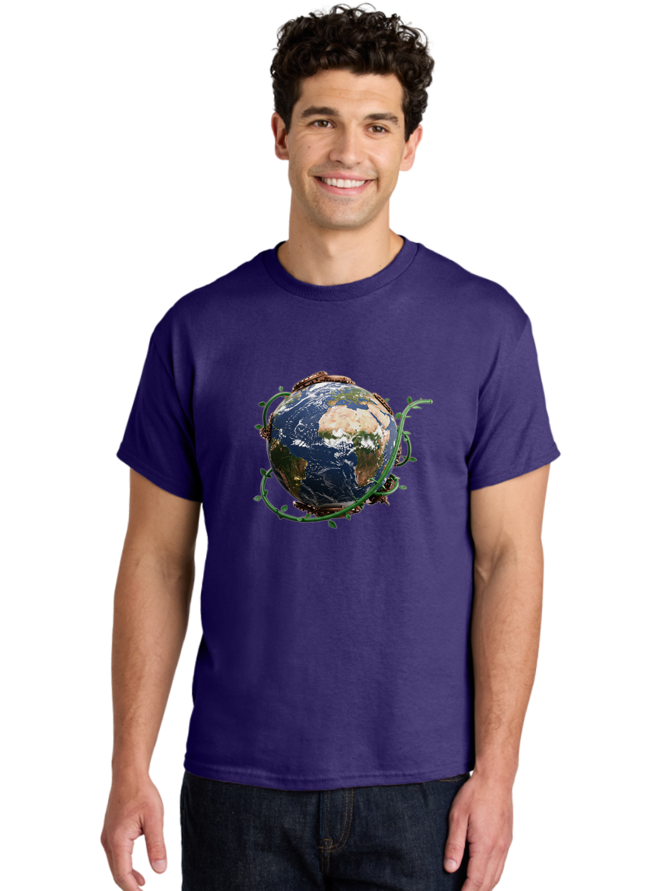 Earth-With-Vines Men'S Graphic Tee, 100% Cotton, Comfortable Casual Summer Wear, Machine Washable, Earth From Space, Global Unity, Environmental Protection, Eco Friendly, Vines, Leaves, Sustainable Living, Planet Earth Baa593