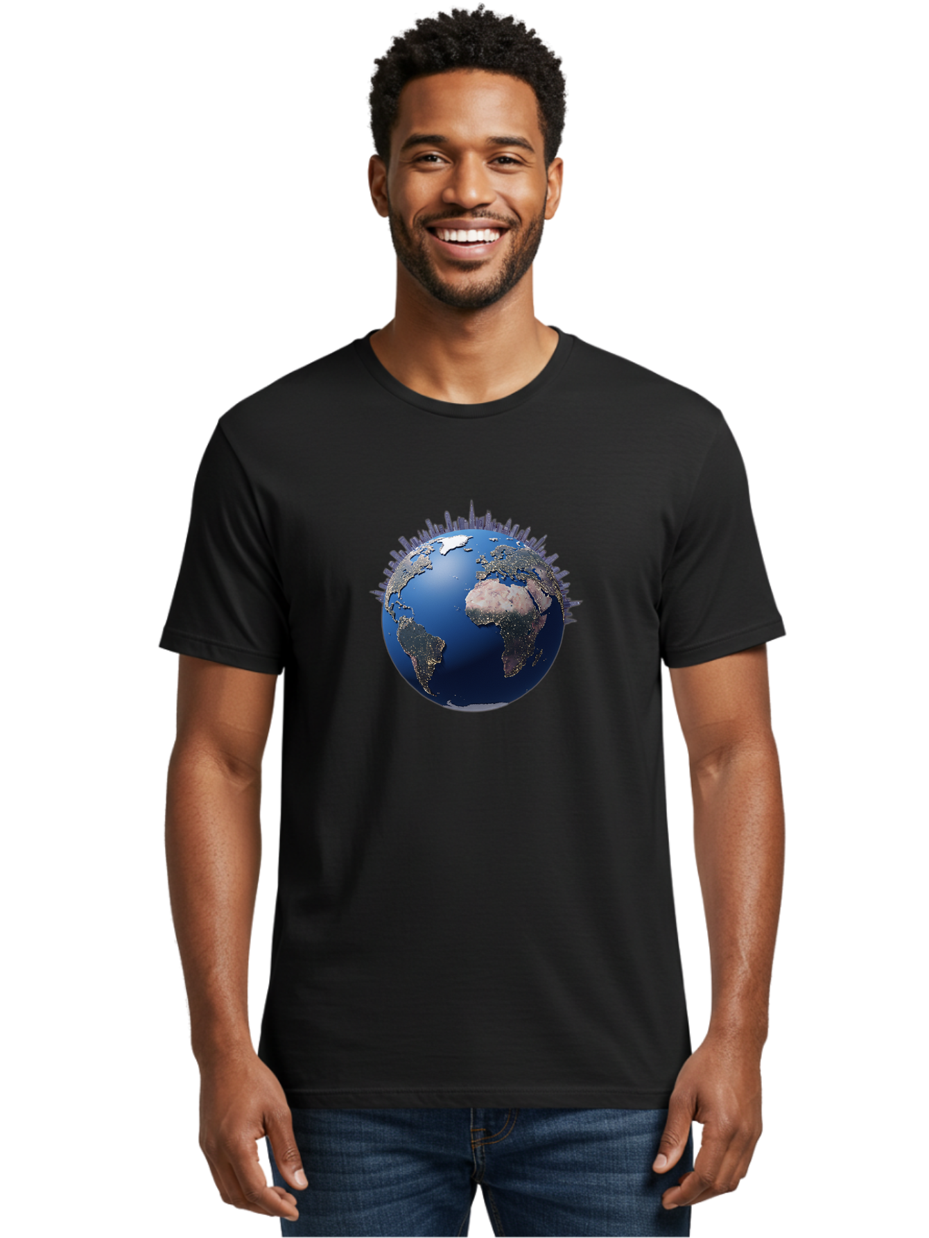 Earth Men'S Graphic Tee, 100% Cotton, Comfortable Casual Summer Wear, Machine Washable, Globe Showing City Lights, Global Connectivity, Urbanization, Night Lights, World Map, Global Network, International Data Baa594