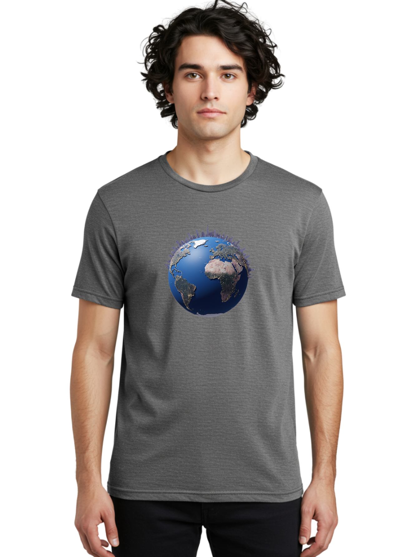 Earth Men'S Graphic Tee, 100% Cotton, Comfortable Casual Summer Wear, Machine Washable, Globe Showing City Lights, Global Connectivity, Urbanization, Night Lights, World Map, Global Network, International Data Baa594
