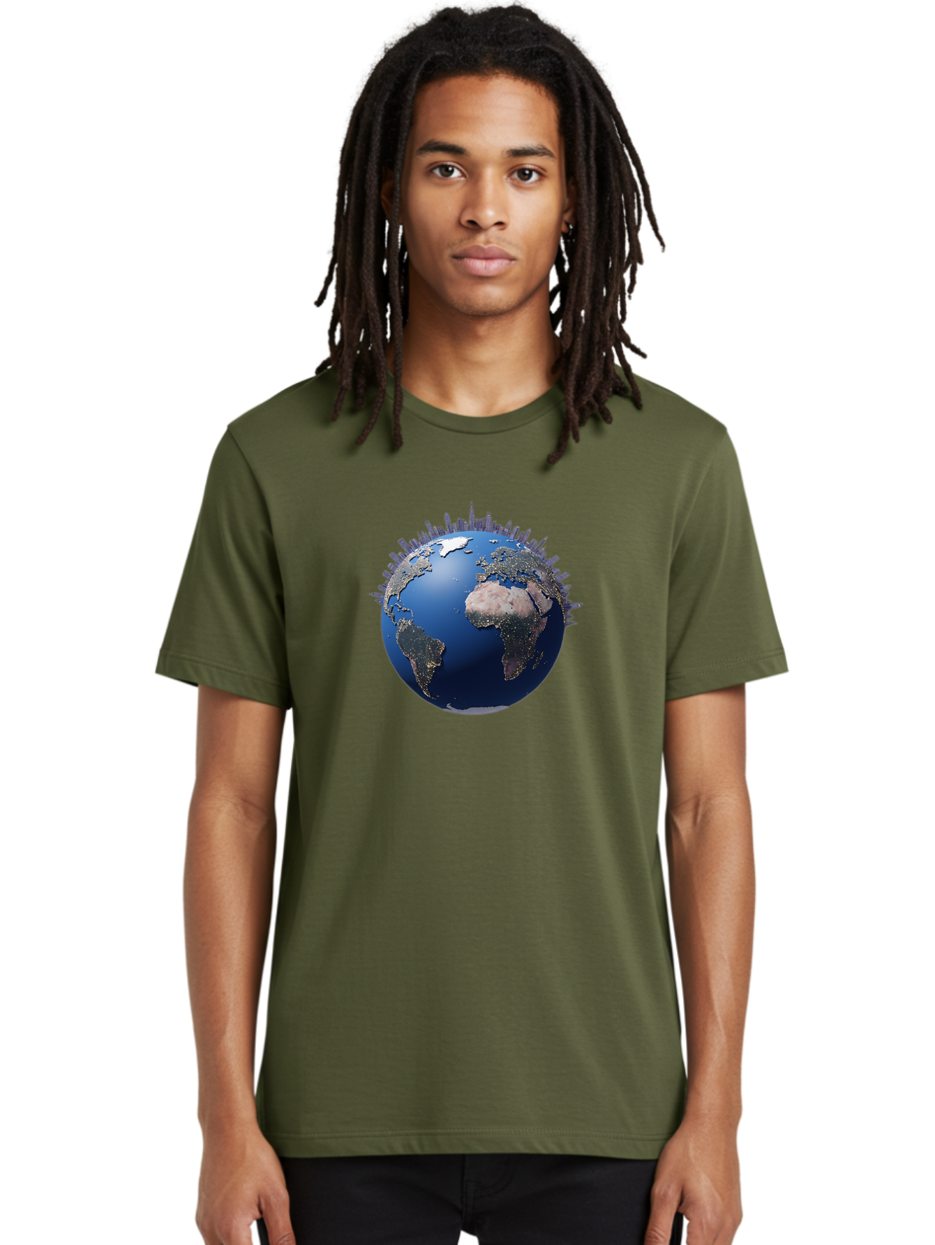 Earth Men'S Graphic Tee, 100% Cotton, Comfortable Casual Summer Wear, Machine Washable, Globe Showing City Lights, Global Connectivity, Urbanization, Night Lights, World Map, Global Network, International Data Baa594