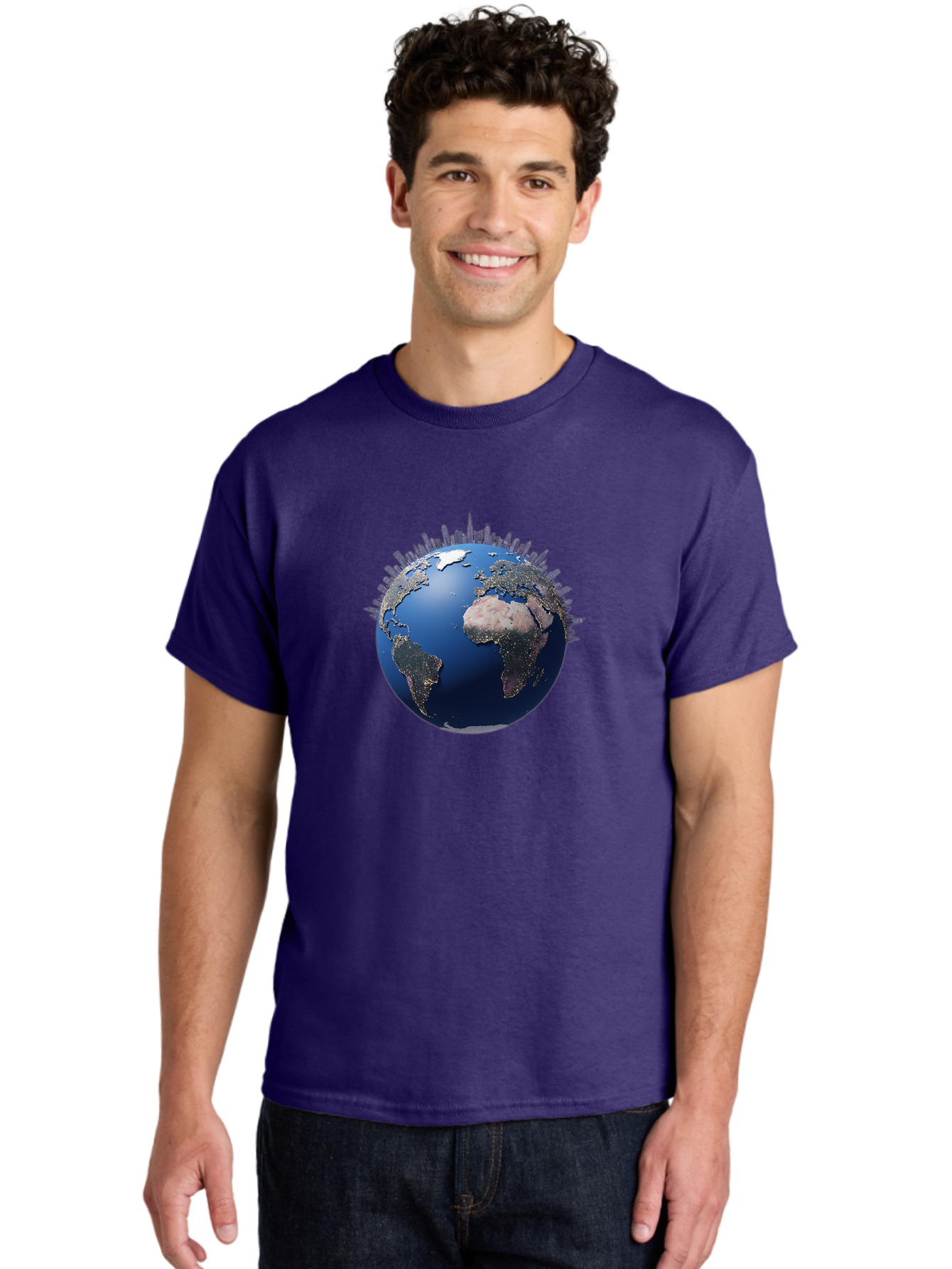 Earth Men'S Graphic Tee, 100% Cotton, Comfortable Casual Summer Wear, Machine Washable, Globe Showing City Lights, Global Connectivity, Urbanization, Night Lights, World Map, Global Network, International Data Baa594