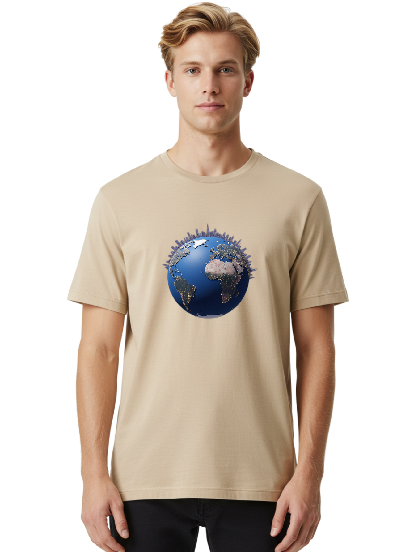 Earth Men'S Graphic Tee, 100% Cotton, Comfortable Casual Summer Wear, Machine Washable, Globe Showing City Lights, Global Connectivity, Urbanization, Night Lights, World Map, Global Network, International Data Baa594