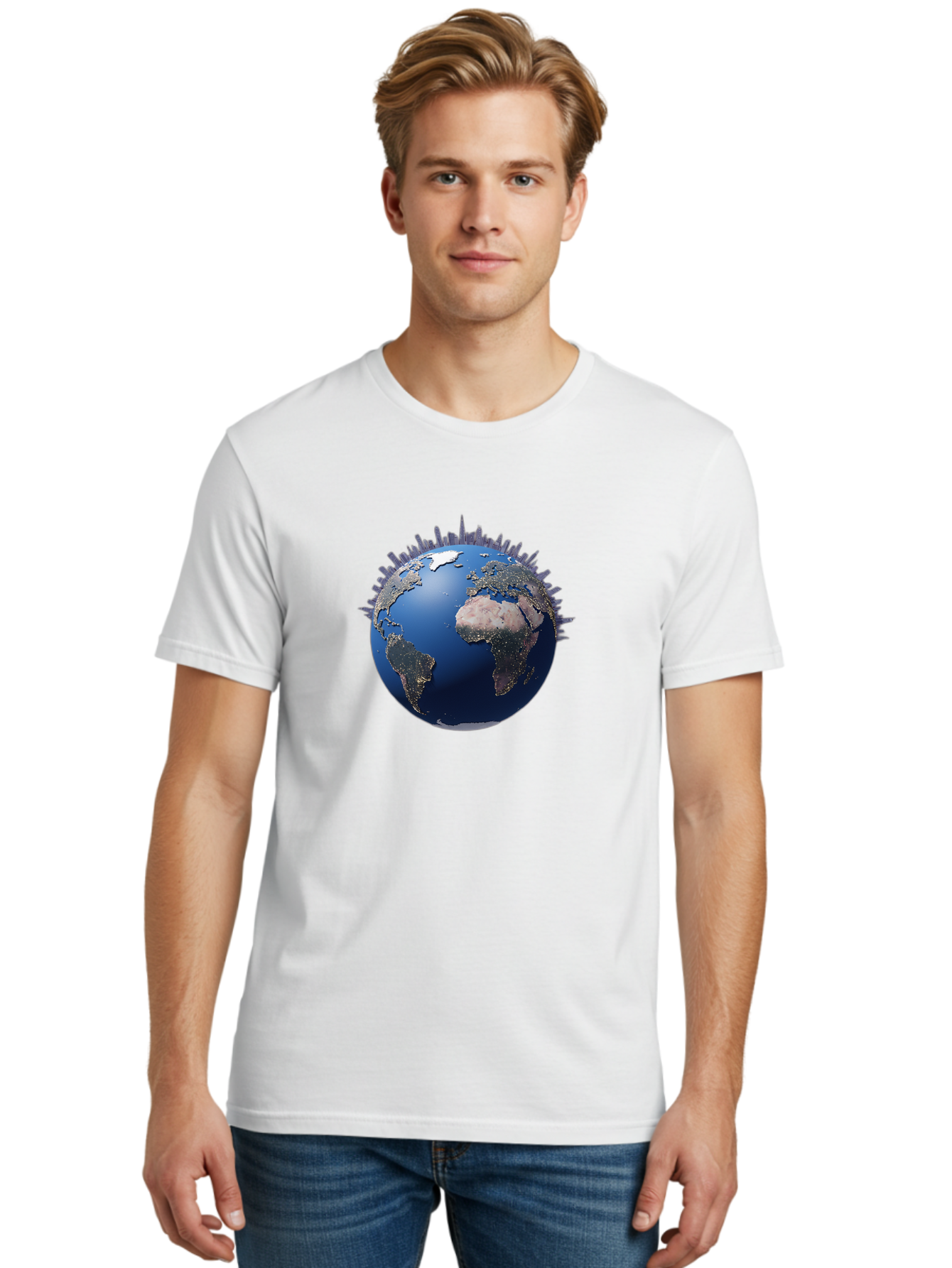 Earth Men'S Graphic Tee, 100% Cotton, Comfortable Casual Summer Wear, Machine Washable, Globe Showing City Lights, Global Connectivity, Urbanization, Night Lights, World Map, Global Network, International Data Baa594
