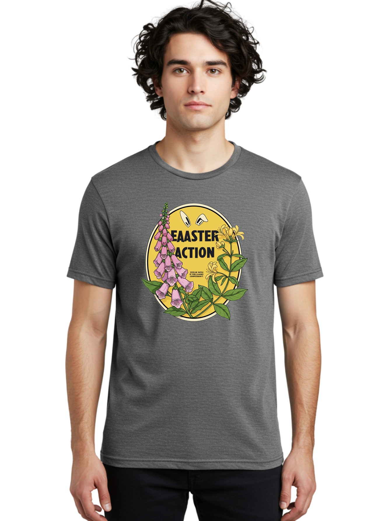 Easter-Action Men'S Graphic Tee, 100% Cotton, Comfortable Casual Summer Wear, Machine Washable, Easter Action Graphic, Easter Eggs, Digital Illustration, Foxglove Flowers, Spring Flowers, Pastel Colors, Botanical Art, Floral Design, Baa595