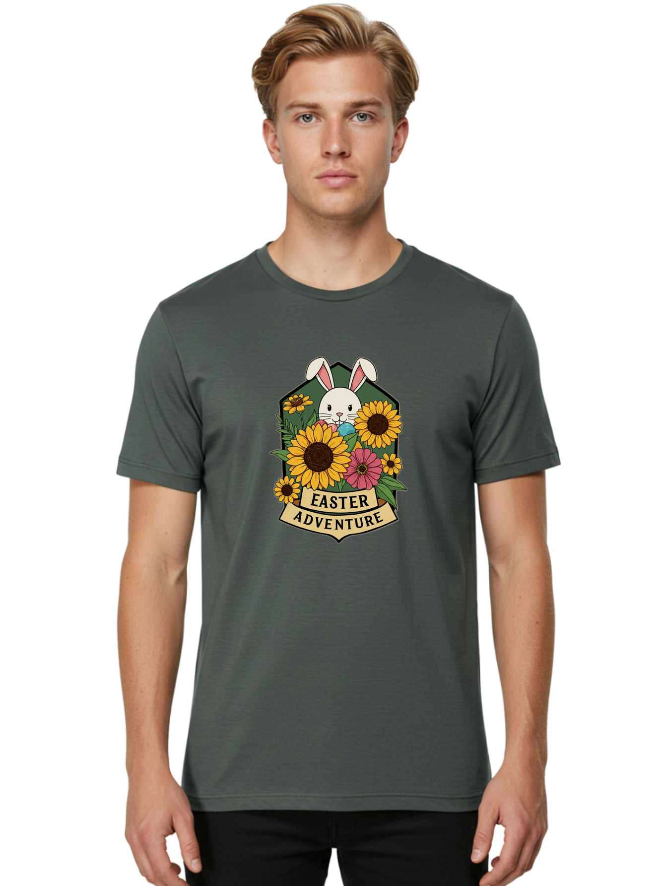Easter-Adventure Men'S Graphic Tee, 100% Cotton, Comfortable Casual Summer Wear, Machine Washable, Easter Bunny, Sunflowers, Daisies, Floral Arrangement, Spring Flowers, Easter Eggs, Cute Cartoon Bunny, Easter Theme, Festive Design Baa596