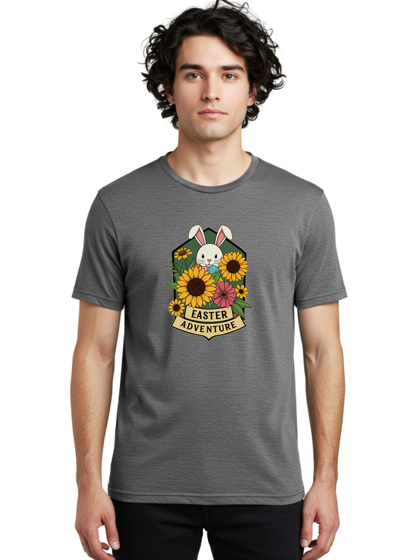 Easter-Adventure Men'S Graphic Tee, 100% Cotton, Comfortable Casual Summer Wear, Machine Washable, Easter Bunny, Sunflowers, Daisies, Floral Arrangement, Spring Flowers, Easter Eggs, Cute Cartoon Bunny, Easter Theme, Festive Design Baa596