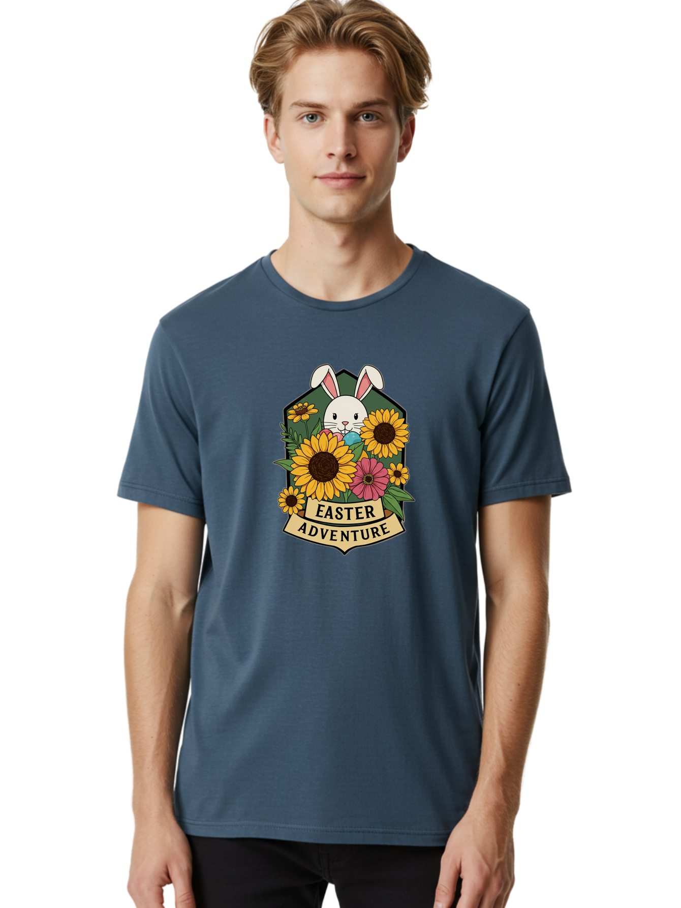 Easter-Adventure Men'S Graphic Tee, 100% Cotton, Comfortable Casual Summer Wear, Machine Washable, Easter Bunny, Sunflowers, Daisies, Floral Arrangement, Spring Flowers, Easter Eggs, Cute Cartoon Bunny, Easter Theme, Festive Design Baa596