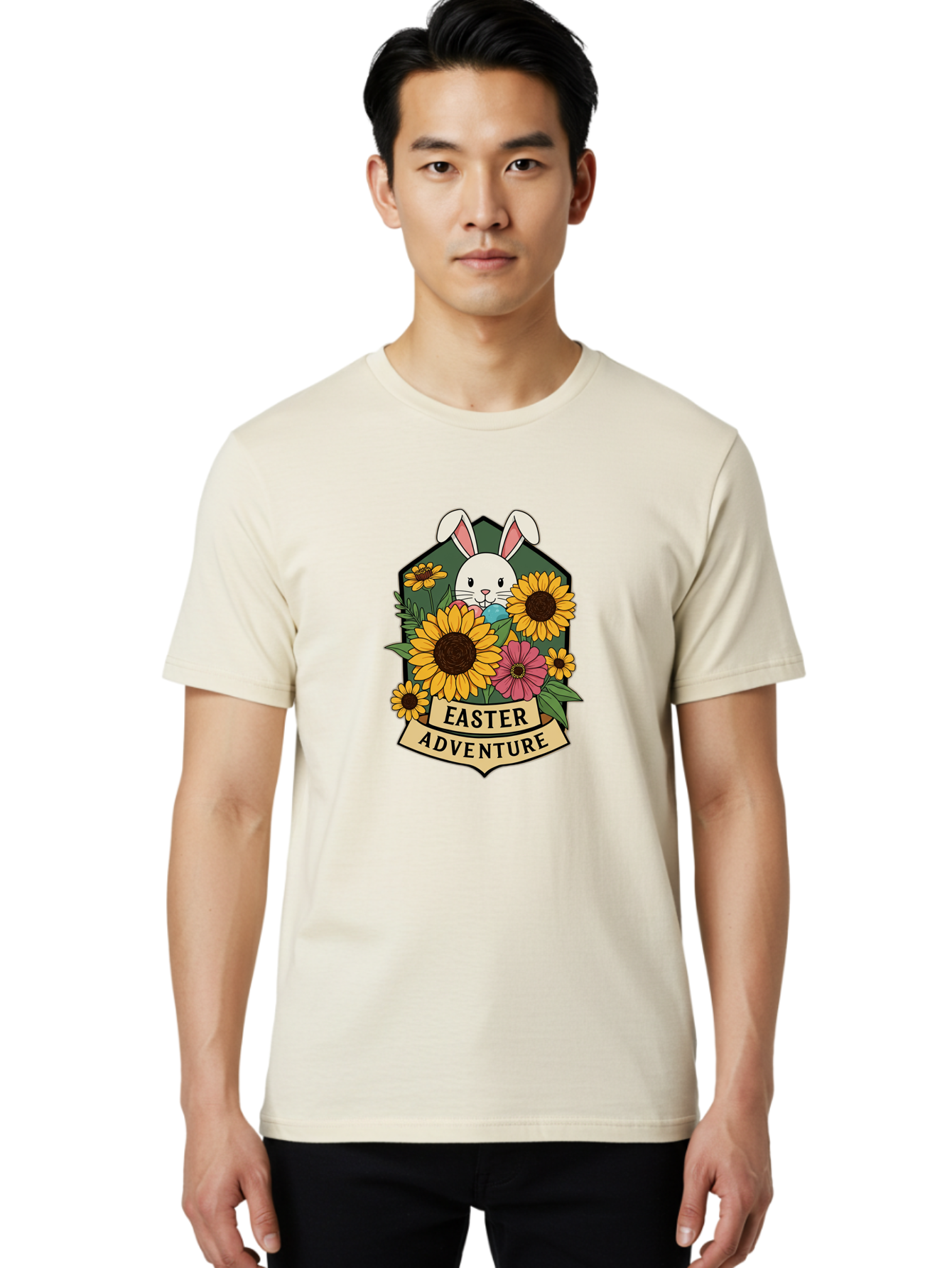 Easter-Adventure Men'S Graphic Tee, 100% Cotton, Comfortable Casual Summer Wear, Machine Washable, Easter Bunny, Sunflowers, Daisies, Floral Arrangement, Spring Flowers, Easter Eggs, Cute Cartoon Bunny, Easter Theme, Festive Design Baa596