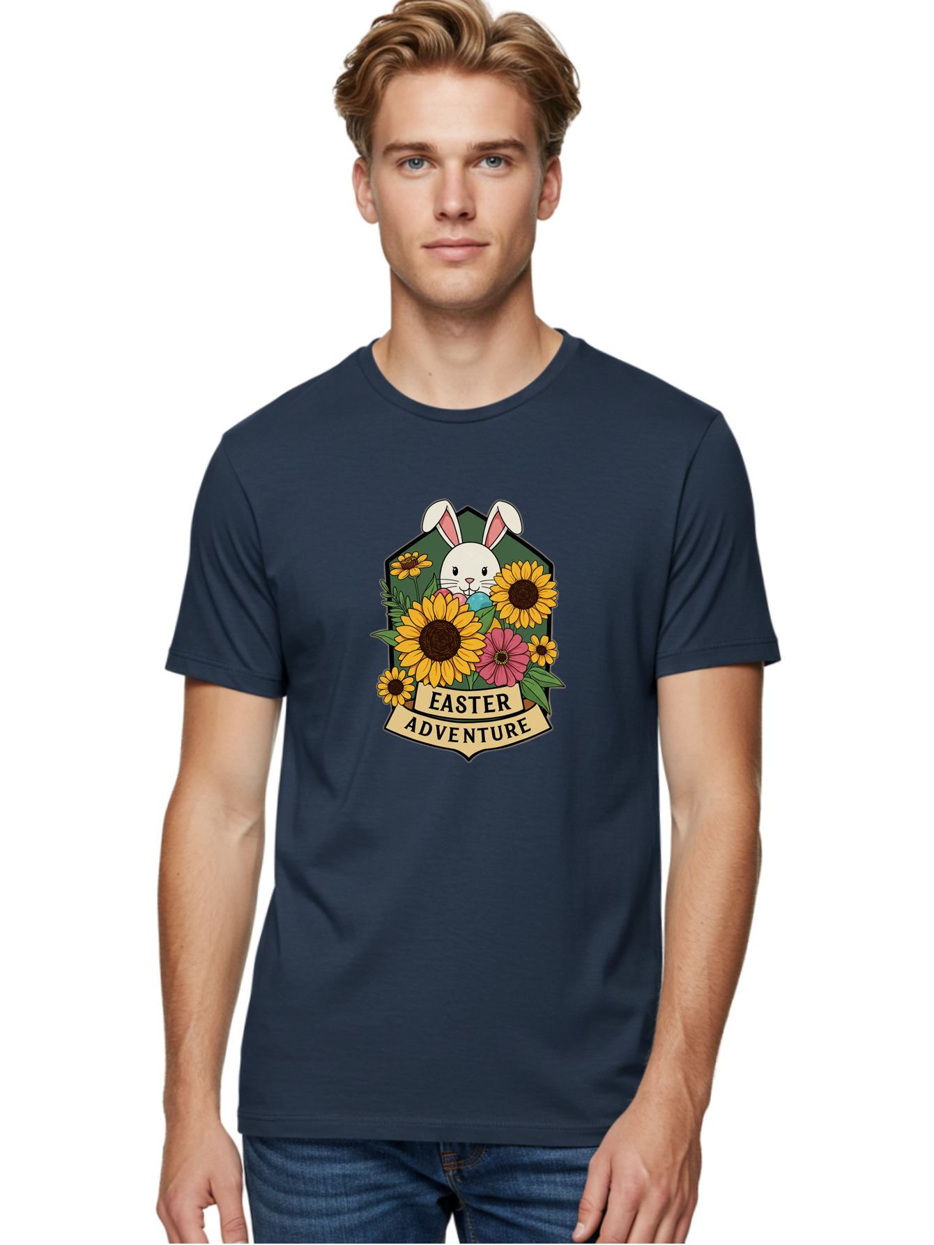 Easter-Adventure Men'S Graphic Tee, 100% Cotton, Comfortable Casual Summer Wear, Machine Washable, Easter Bunny, Sunflowers, Daisies, Floral Arrangement, Spring Flowers, Easter Eggs, Cute Cartoon Bunny, Easter Theme, Festive Design Baa596