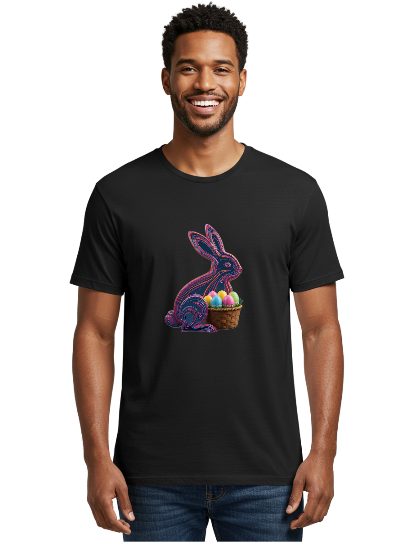 Easter-Bunny-1 Men'S Graphic Tee, 100% Cotton, Comfortable Casual Summer Wear, Machine Washable, Easter Bunny, Pastel Eggs, Colorful Eggs, Wicker Basket, Festive Decor, Spring Theme, Vibrant Colors, Holiday Symbol, Easter Eggs Baa597