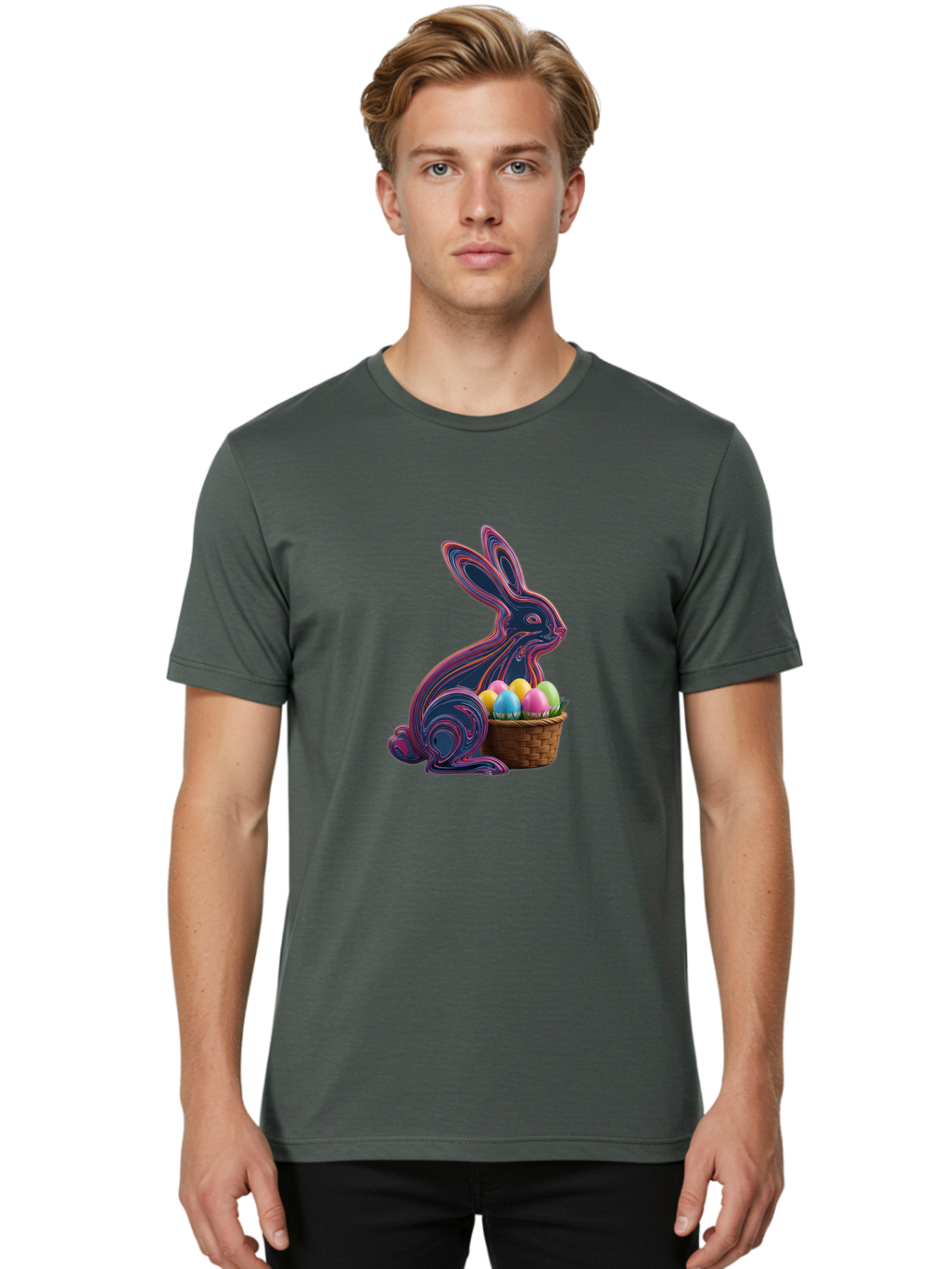Easter-Bunny-1 Men'S Graphic Tee, 100% Cotton, Comfortable Casual Summer Wear, Machine Washable, Easter Bunny, Pastel Eggs, Colorful Eggs, Wicker Basket, Festive Decor, Spring Theme, Vibrant Colors, Holiday Symbol, Easter Eggs Baa597