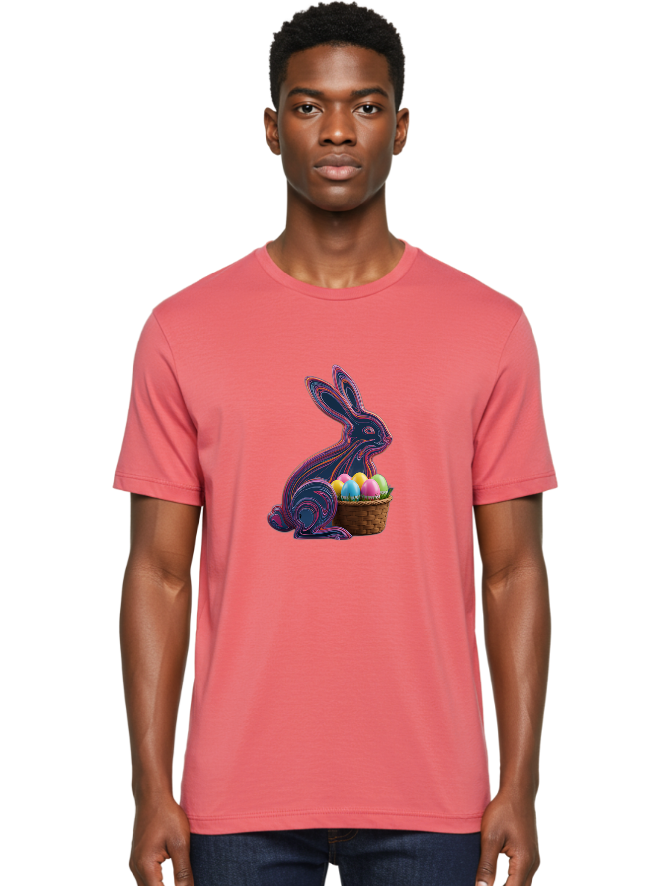 Easter-Bunny-1 Men'S Graphic Tee, 100% Cotton, Comfortable Casual Summer Wear, Machine Washable, Easter Bunny, Pastel Eggs, Colorful Eggs, Wicker Basket, Festive Decor, Spring Theme, Vibrant Colors, Holiday Symbol, Easter Eggs Baa597
