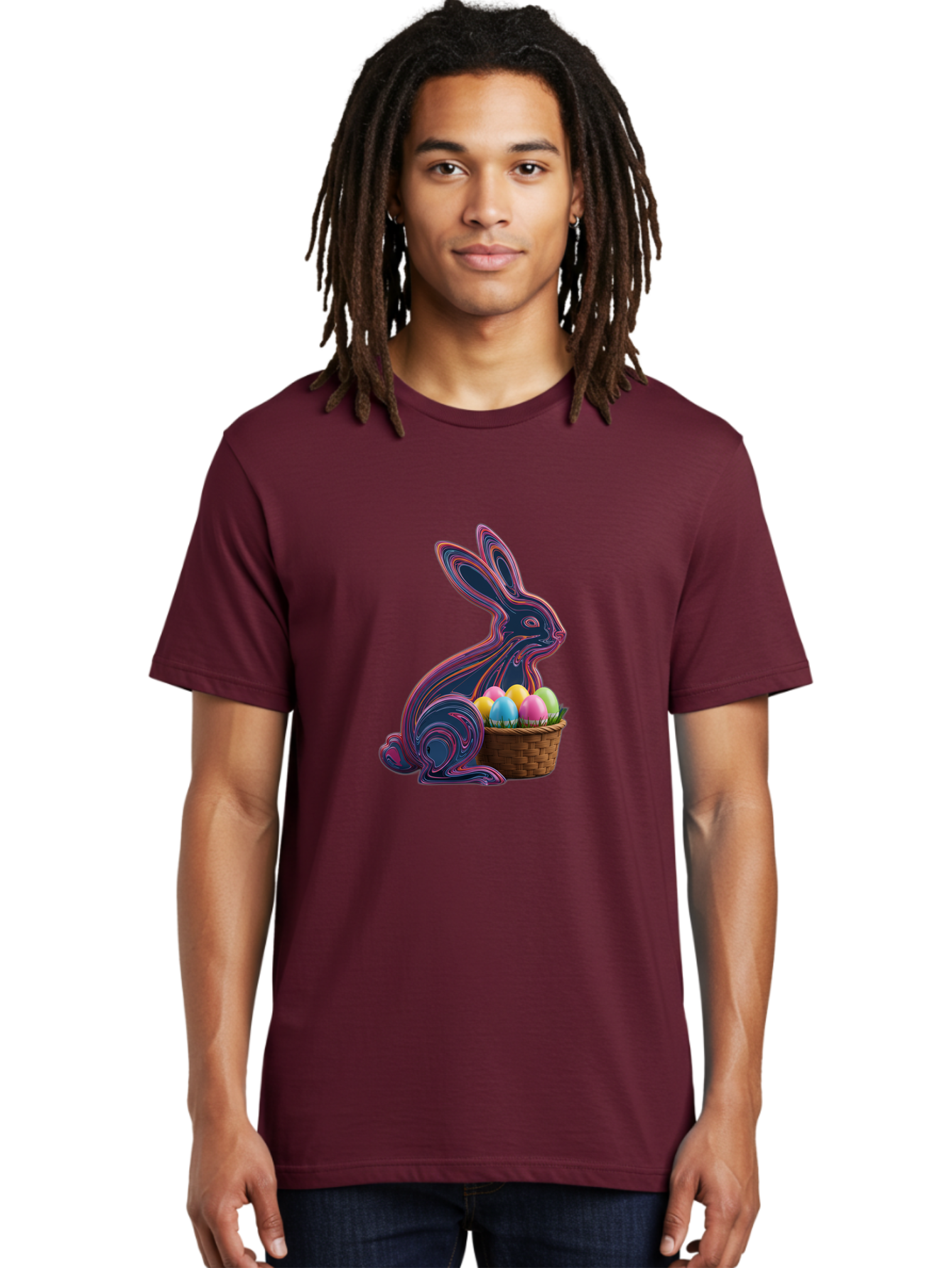 Easter-Bunny-1 Men'S Graphic Tee, 100% Cotton, Comfortable Casual Summer Wear, Machine Washable, Easter Bunny, Pastel Eggs, Colorful Eggs, Wicker Basket, Festive Decor, Spring Theme, Vibrant Colors, Holiday Symbol, Easter Eggs Baa597