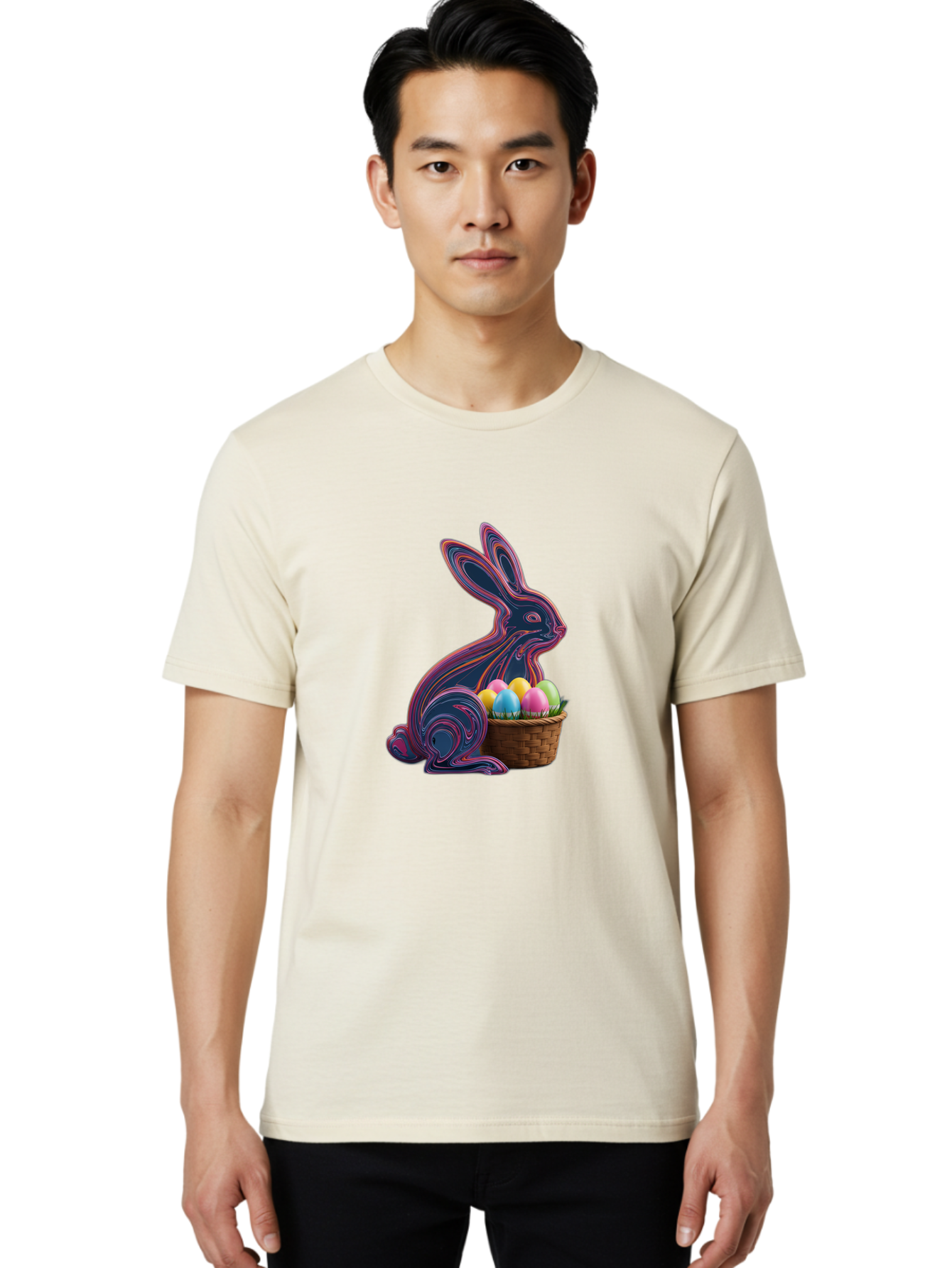 Easter-Bunny-1 Men'S Graphic Tee, 100% Cotton, Comfortable Casual Summer Wear, Machine Washable, Easter Bunny, Pastel Eggs, Colorful Eggs, Wicker Basket, Festive Decor, Spring Theme, Vibrant Colors, Holiday Symbol, Easter Eggs Baa597
