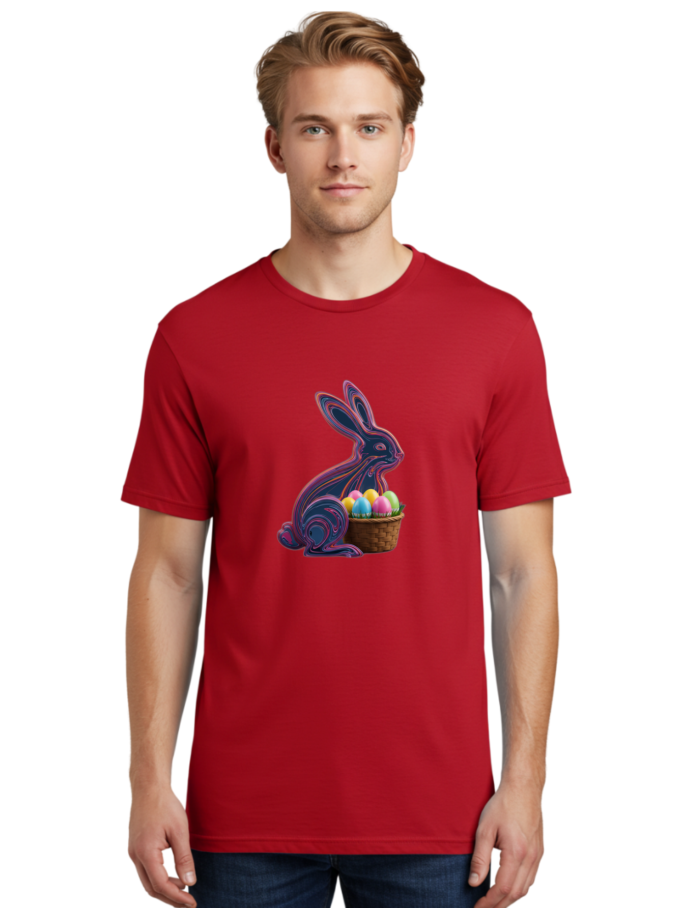 Easter-Bunny-1 Men'S Graphic Tee, 100% Cotton, Comfortable Casual Summer Wear, Machine Washable, Easter Bunny, Pastel Eggs, Colorful Eggs, Wicker Basket, Festive Decor, Spring Theme, Vibrant Colors, Holiday Symbol, Easter Eggs Baa597