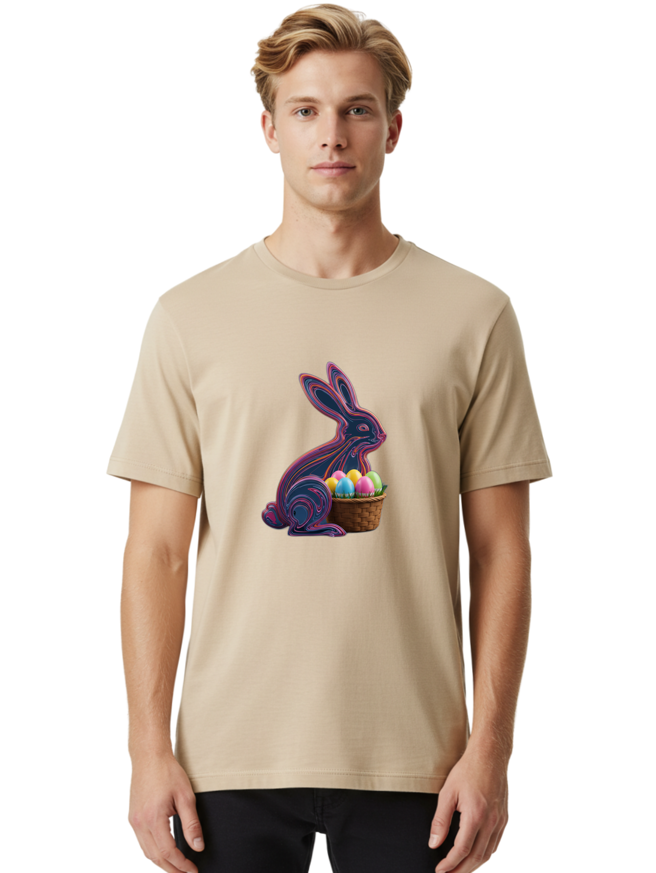 Easter-Bunny-1 Men'S Graphic Tee, 100% Cotton, Comfortable Casual Summer Wear, Machine Washable, Easter Bunny, Pastel Eggs, Colorful Eggs, Wicker Basket, Festive Decor, Spring Theme, Vibrant Colors, Holiday Symbol, Easter Eggs Baa597